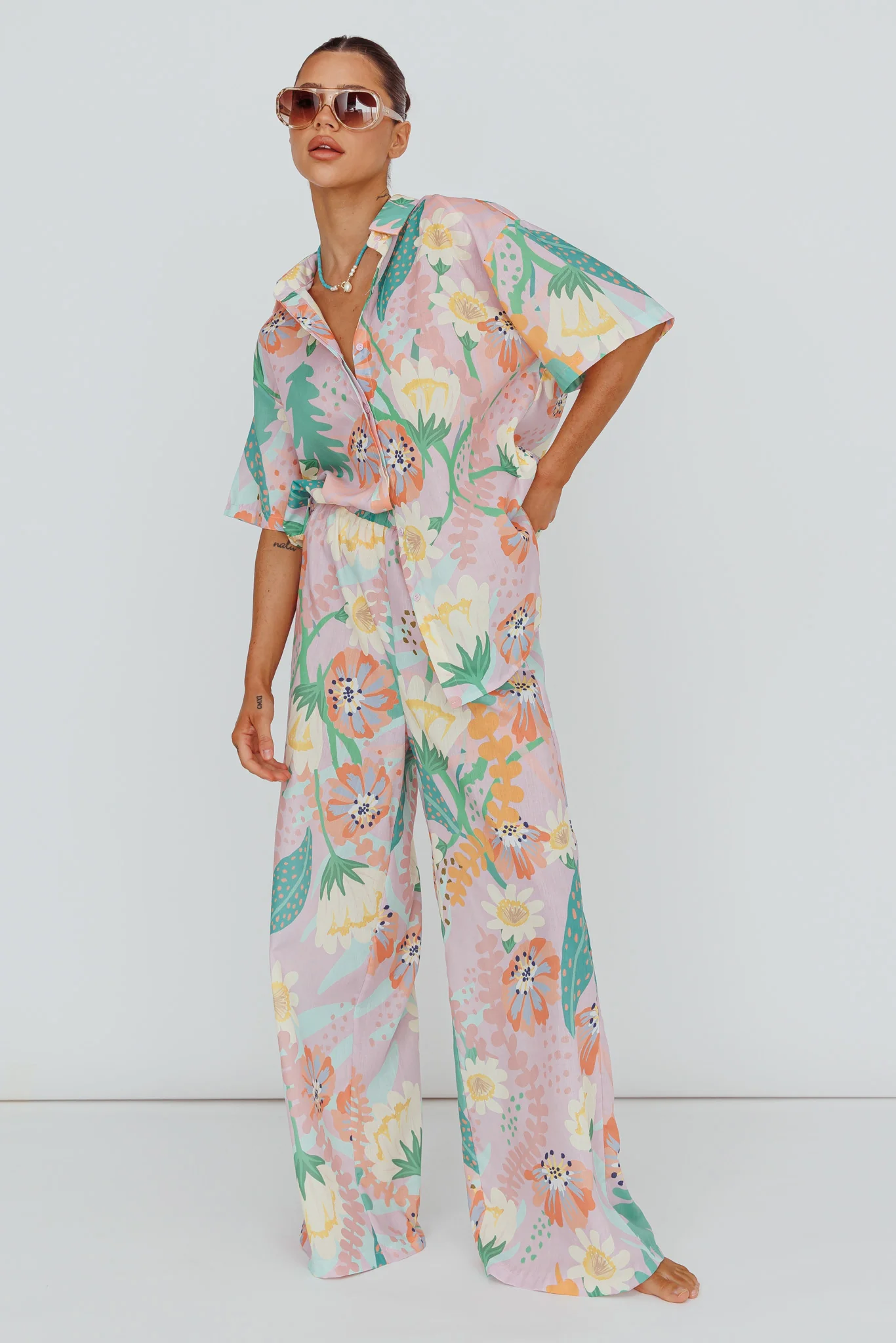 Kiko Wide Leg Pants Print Pink Multi - Ruaus