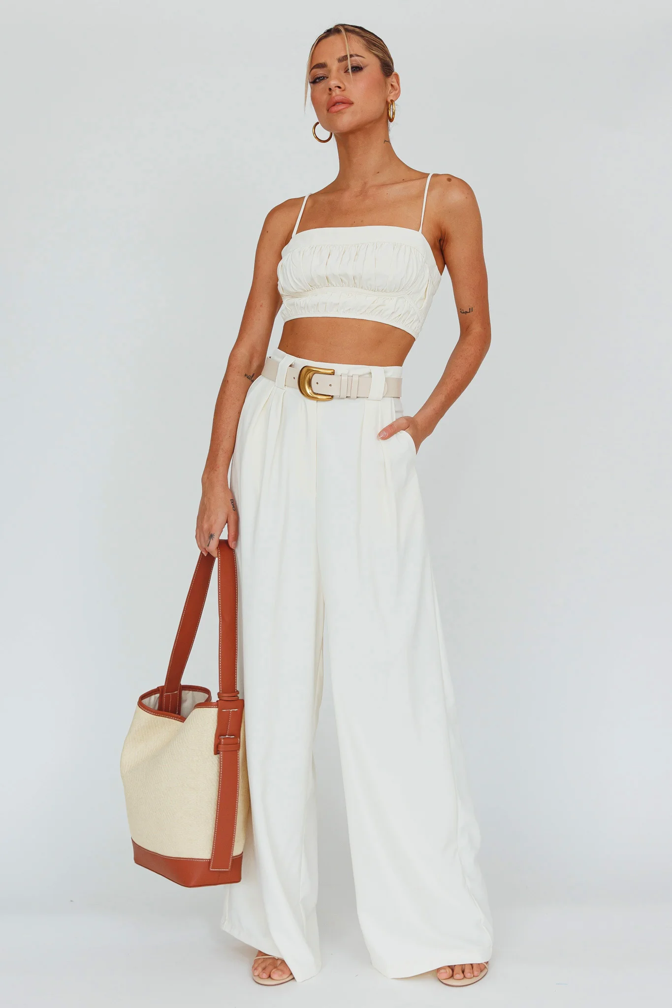 Regal Wide-Leg Mid Rise Pants Cream - Ruaus