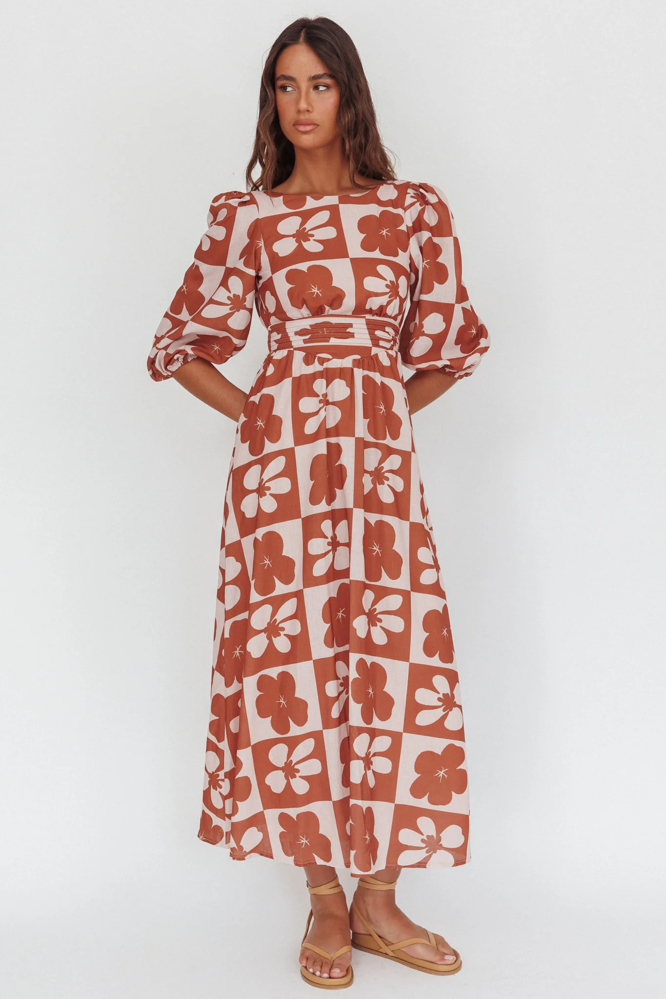 Transcendent Puff Sleeves Maxi Dress Floral Mocha - Ruaus