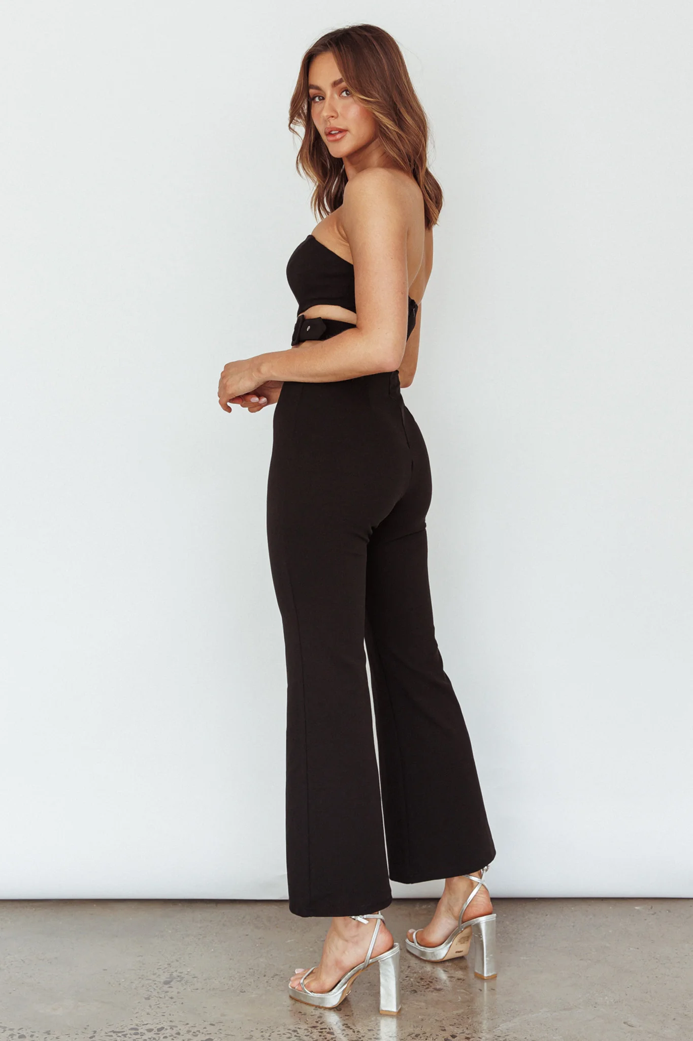 Glisten Cut-Out Buckle Waist Jumpsuit Black - Ruaus