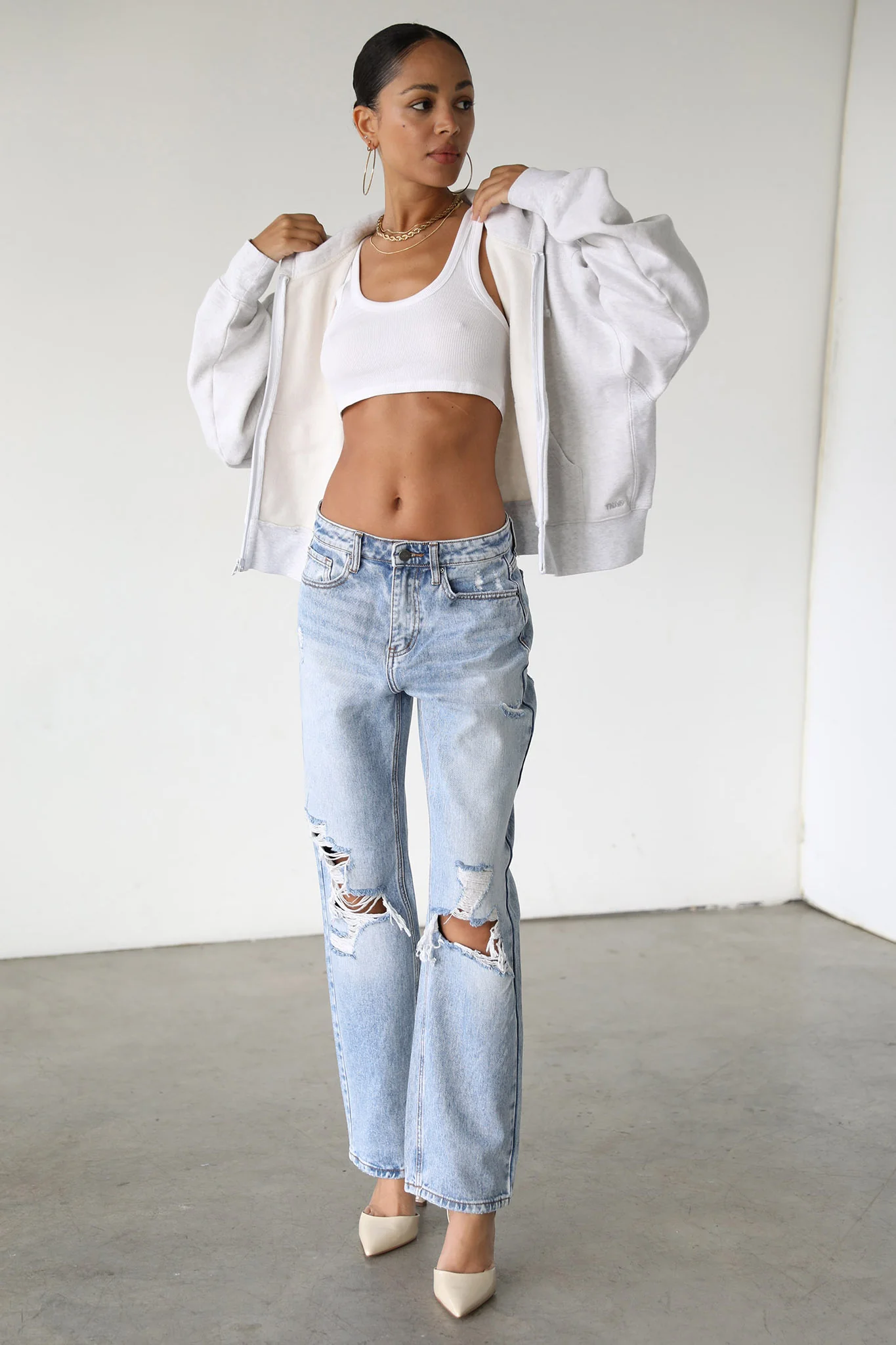 DOGMA High Rise Straight Leg Denim Jeans Distressed Light Wash - Ruaus