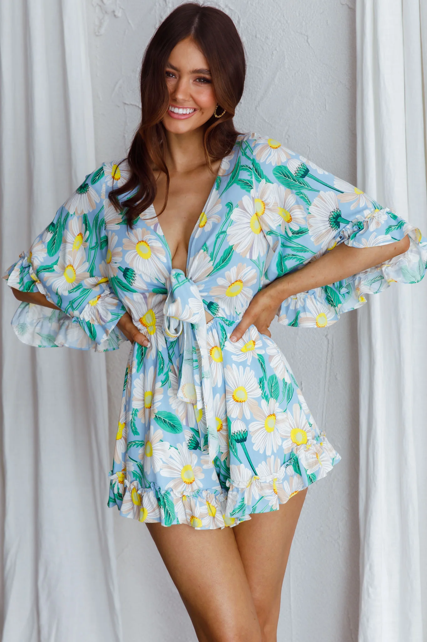 Athira Tied Bust Flared Sleeve Romper Daisy Blue - Ruaus