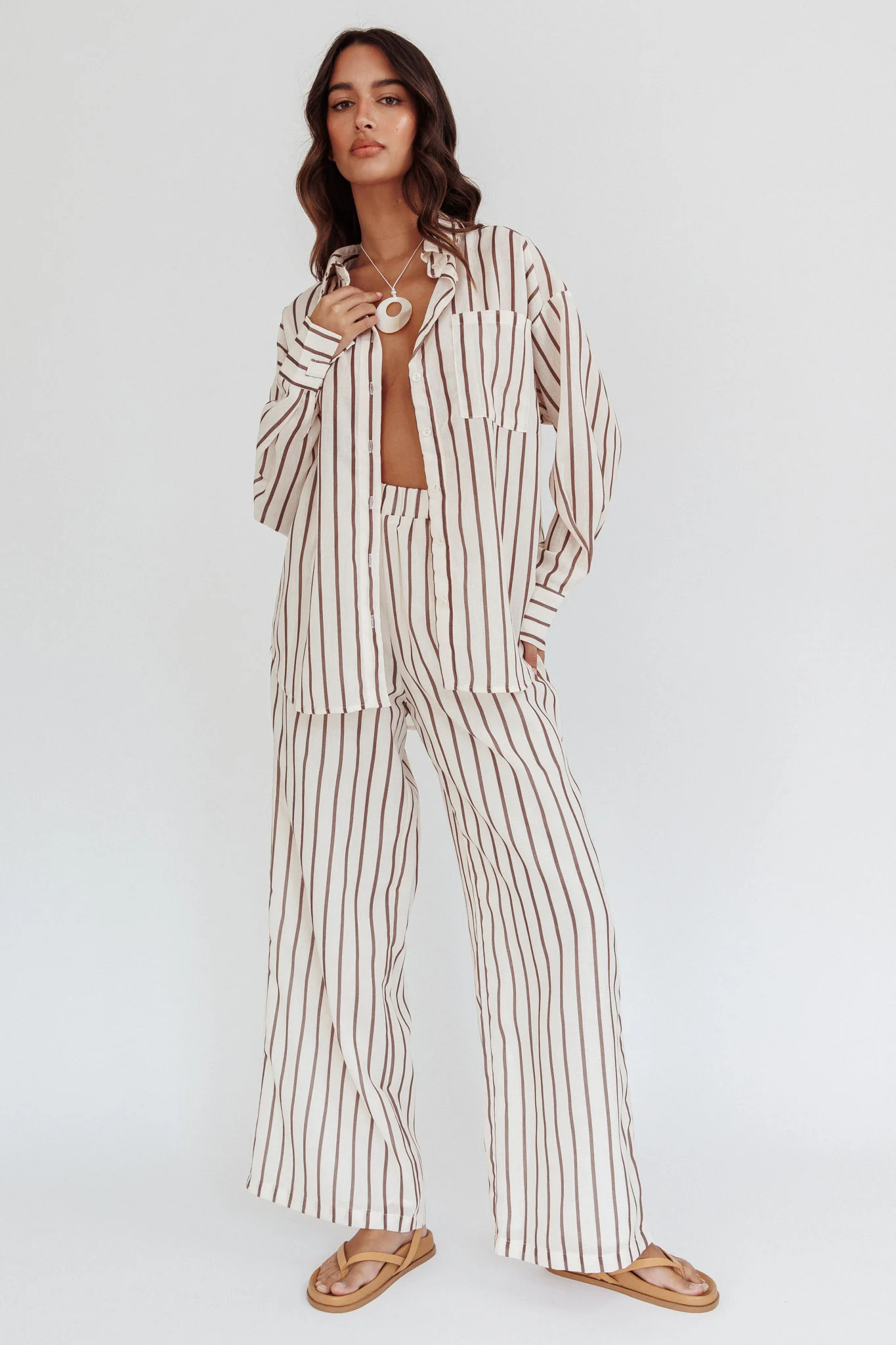 Alex Elastic Waist Pants Stripe Latte - Ruaus