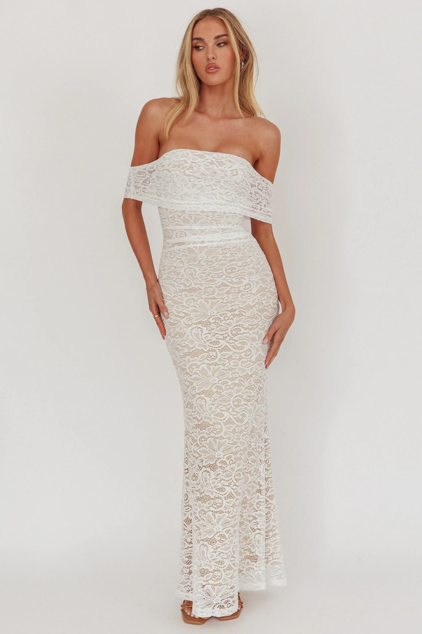 Flutters Off-Shoulder Lace Maxi Dress White - Ruaus