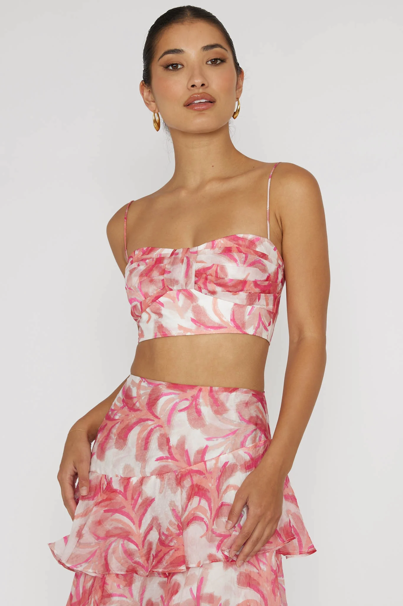 Veda Pleat Crop Top Floral Pink - Ruaus