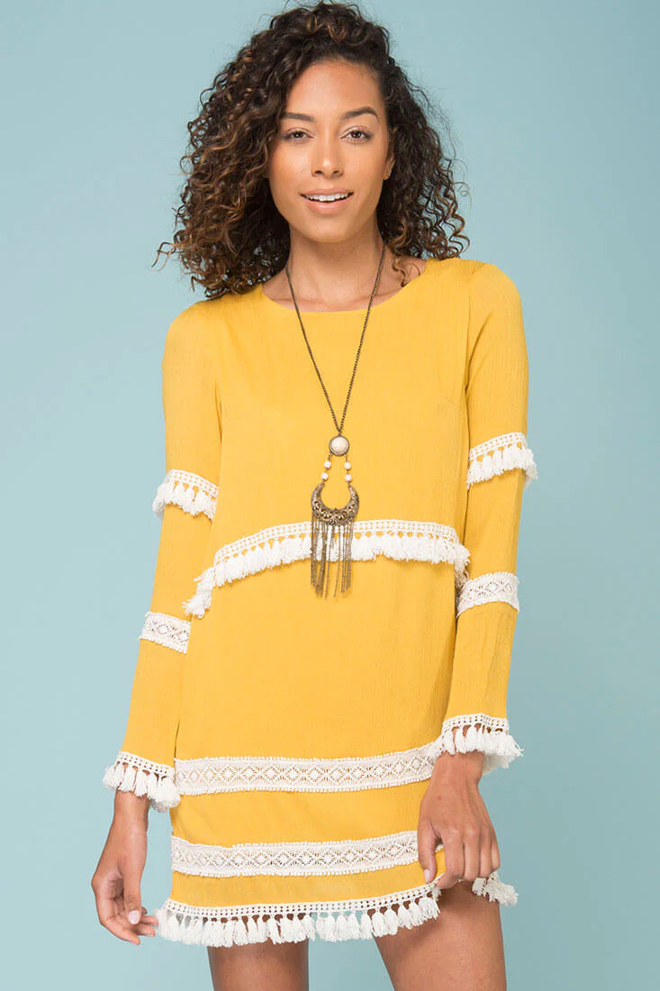 Ansley Cute Tassle Dress Yellow Mustard - Ruaus
