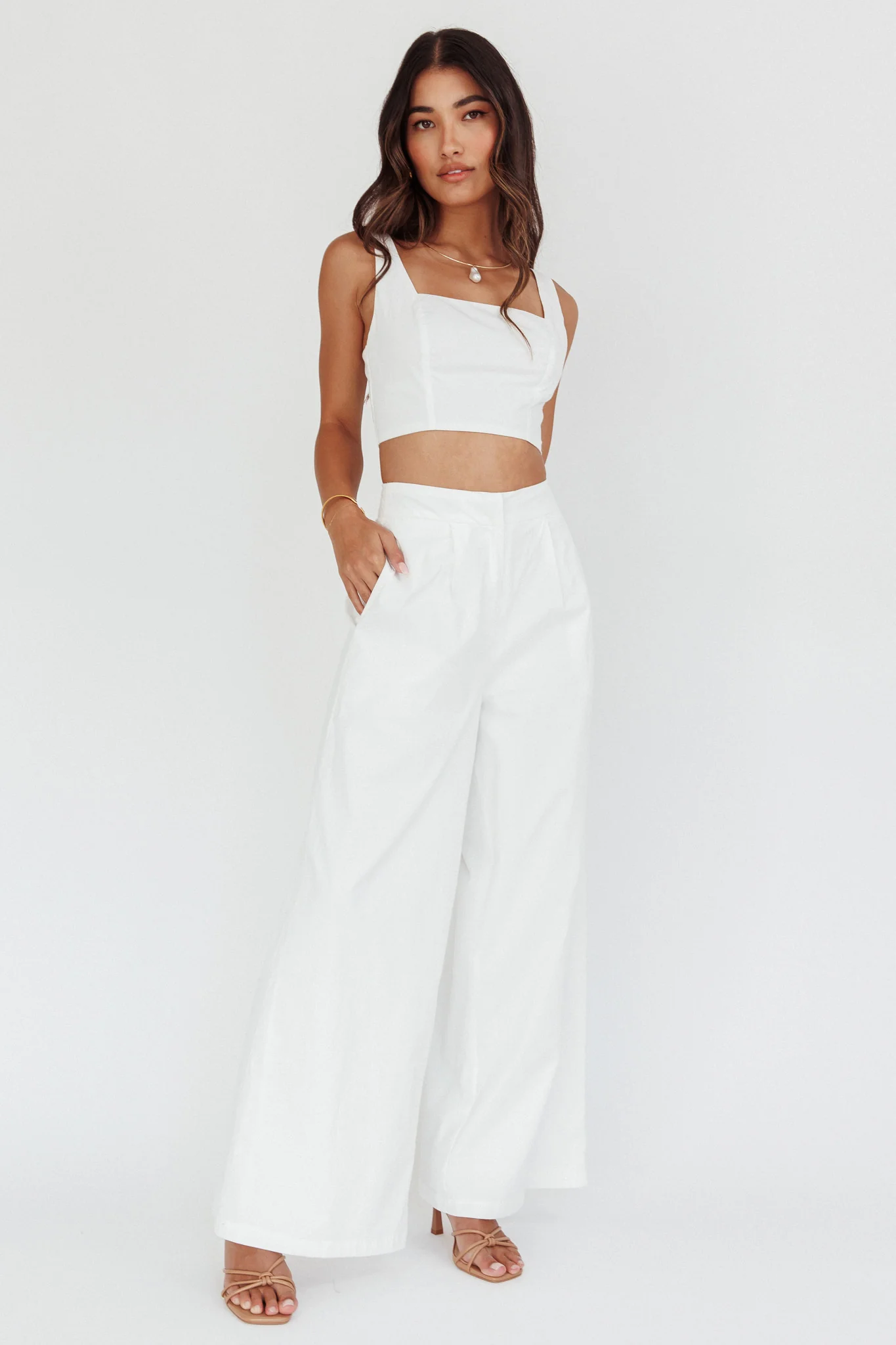 Empire Wide-Leg Side Pocket Pants White - Ruaus