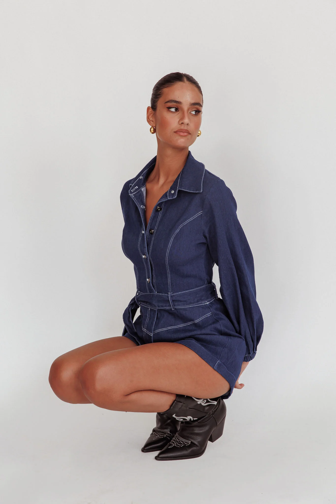 New Day Long Sleeve Button-Up Romper Indigo - Ruaus