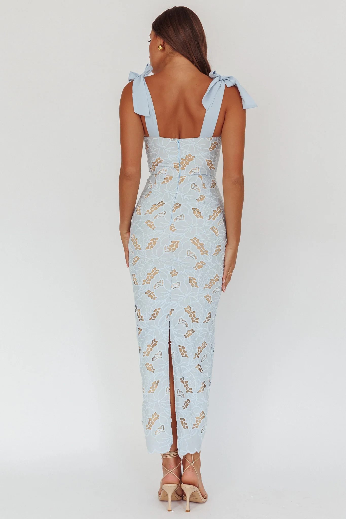 Coastal Bloom Tied Shoulder Maxi Dress Embroidered Baby Blue - Ruaus