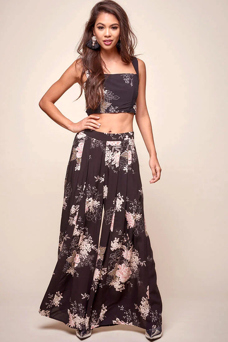 Cicely Floral Wide Leg Pants Black - Ruaus