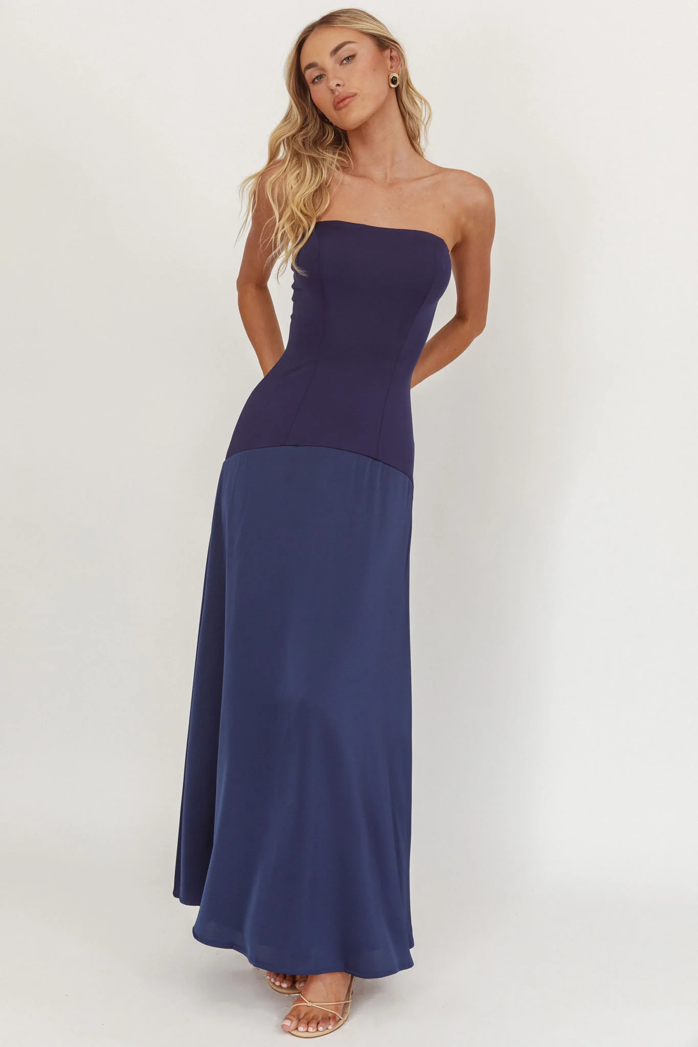 Star Avenue Strapless Drop Waist Maxi Dress Navy - Ruaus