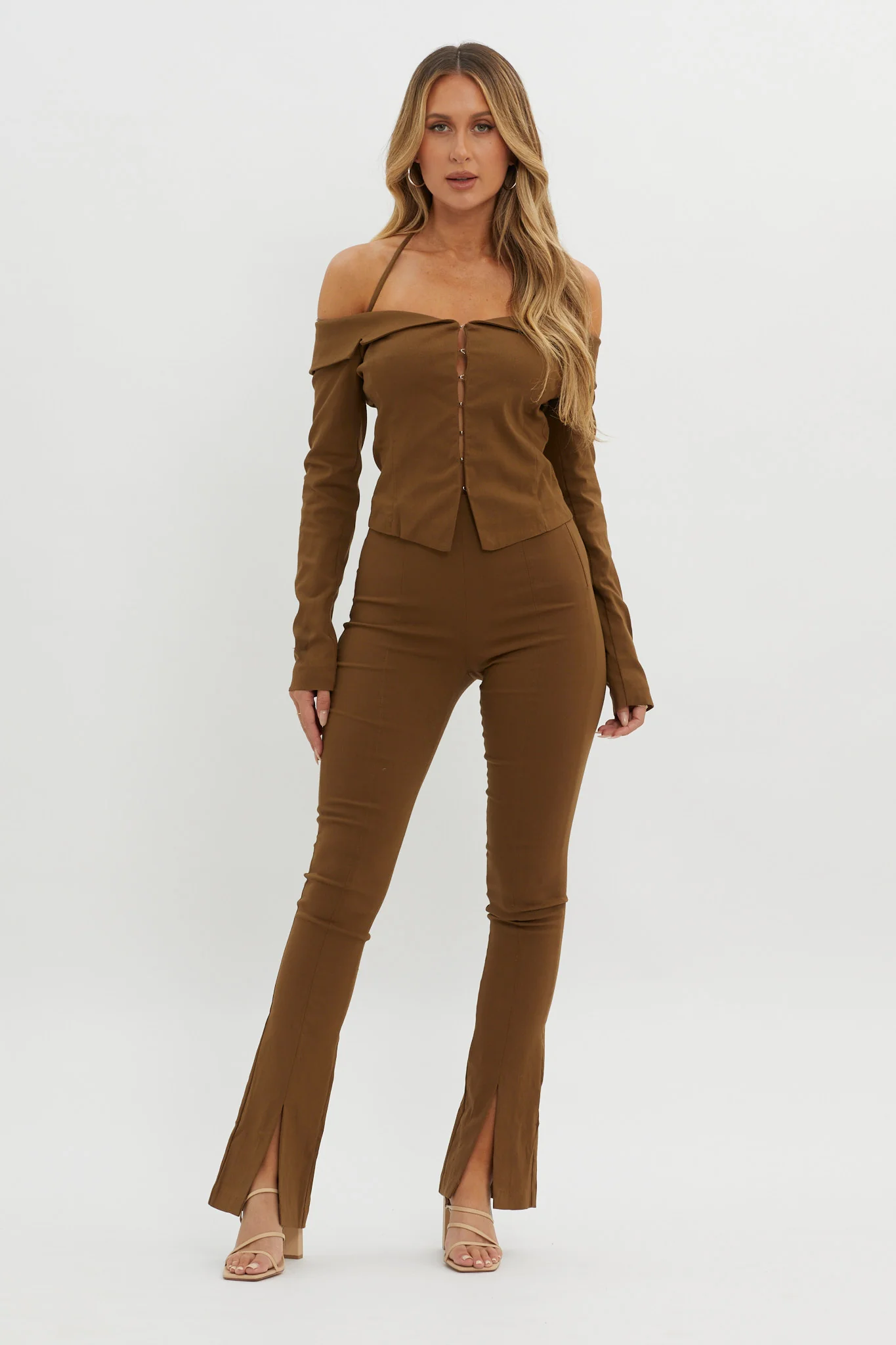 Zuzana Split Hem Flare Pants Brown - Ruaus