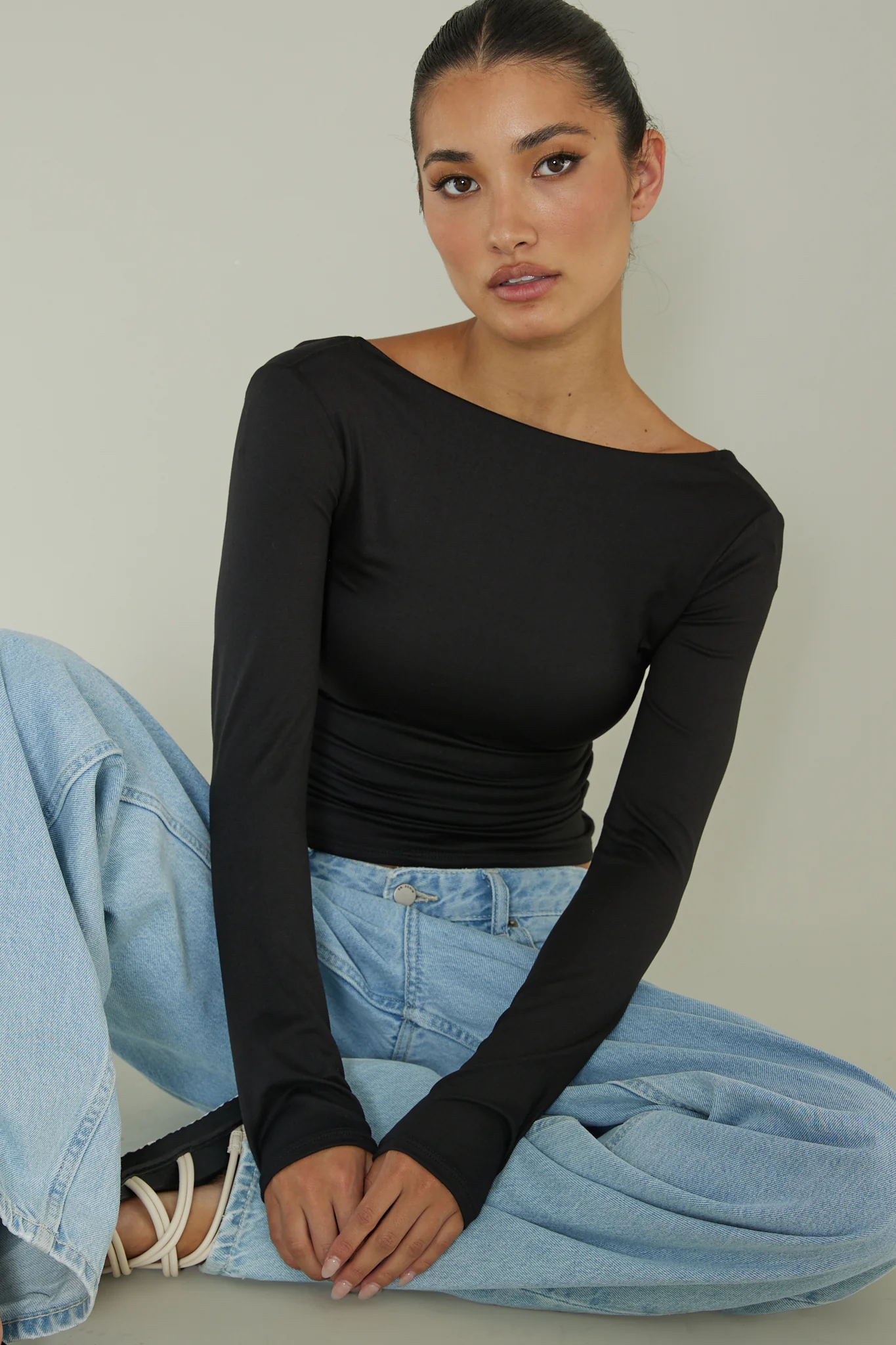 Cheers Boat Neck Long Sleeve Top Black - Ruaus