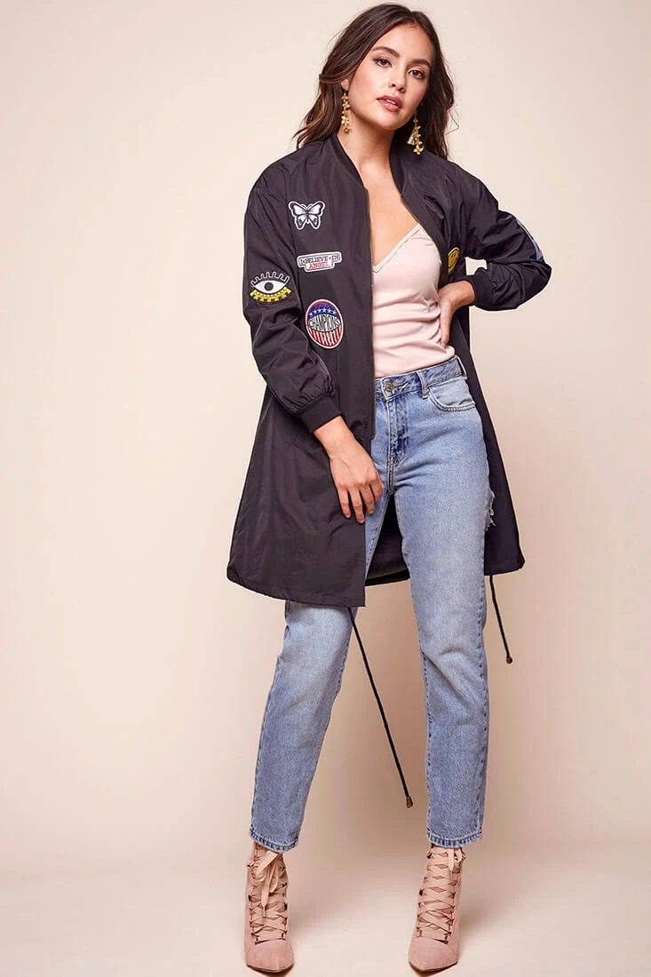 Harlan Long Patchwork Bomber Jacket Black - Ruaus