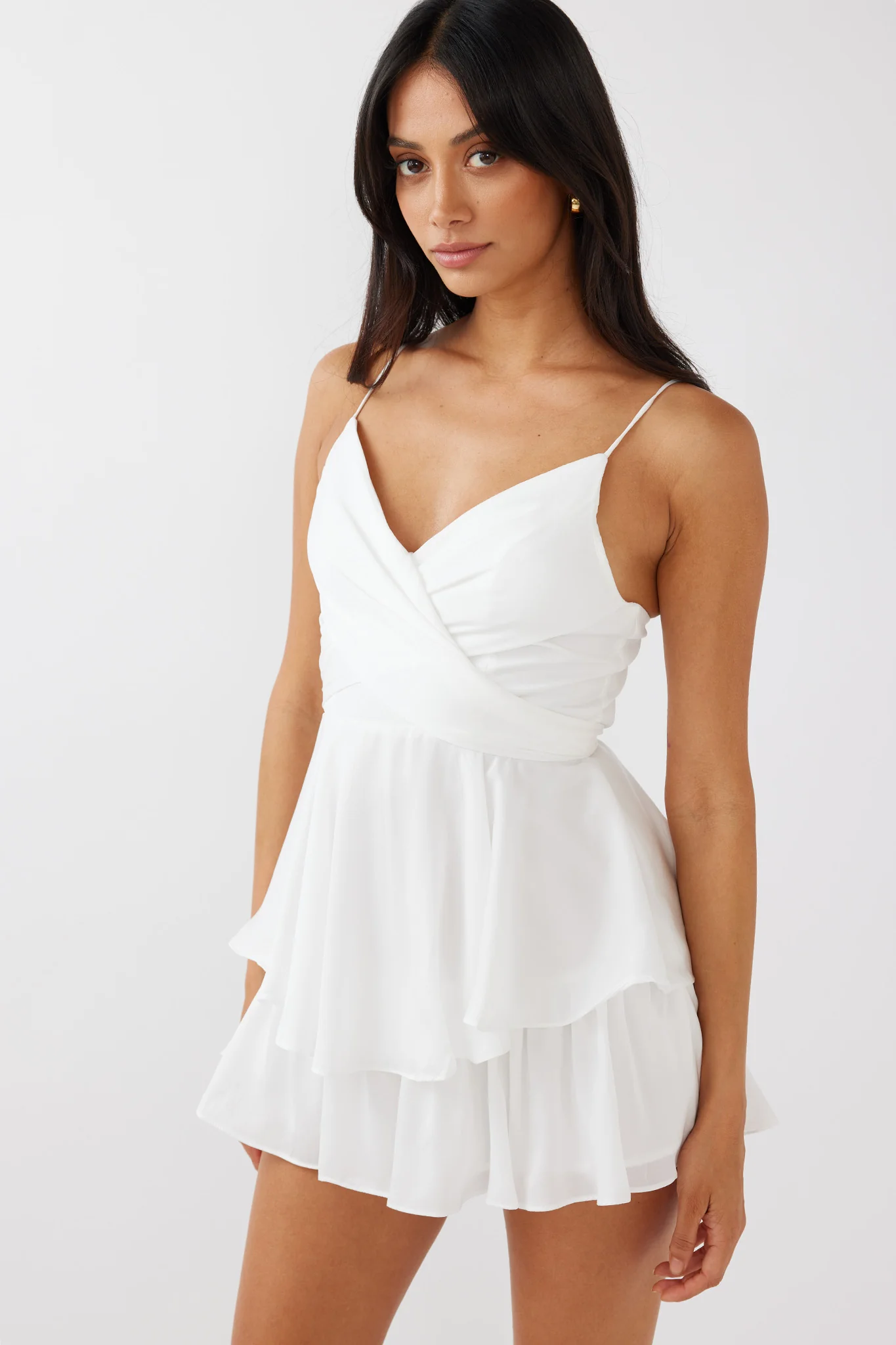 It's Complicated Crossover Bodice Flounce Romper White - Ruaus