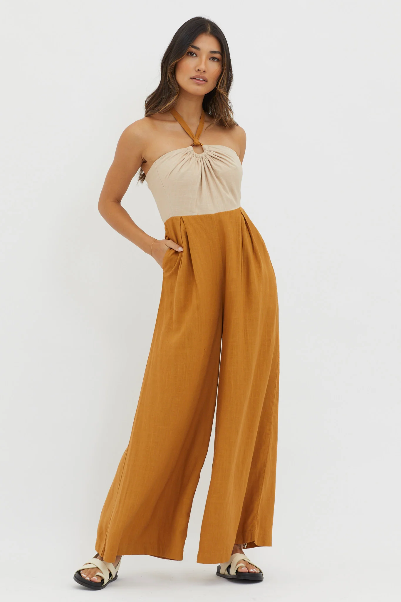 Maryn Wide Leg Halterneck Jumpsuit Mocha - Ruaus