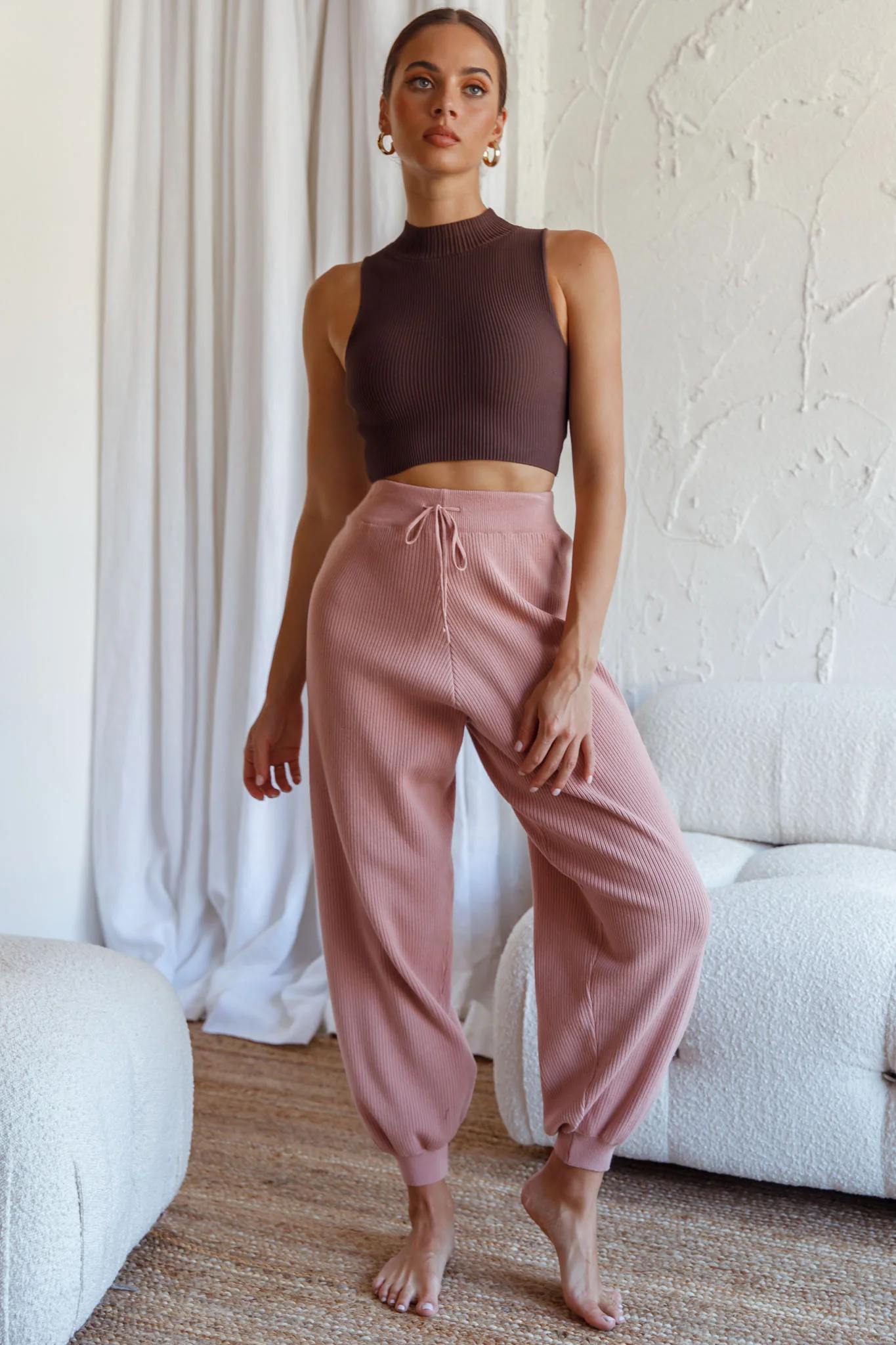 New Soul Drawstring Ribbed Knit Jogger Pants Blush - Ruaus