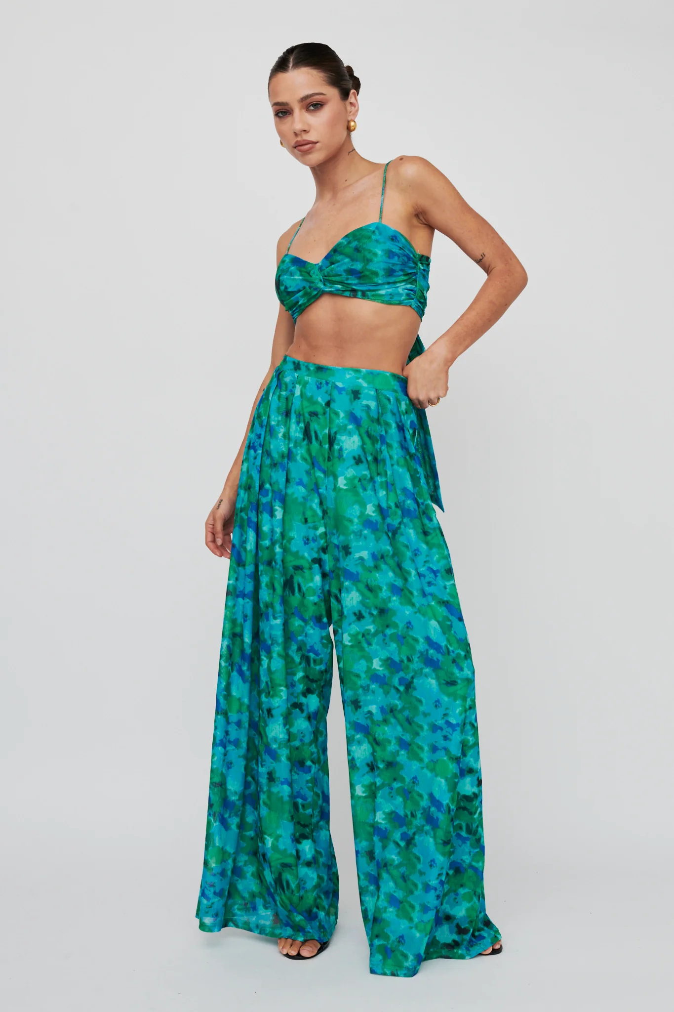 Tammi Wide Leg Satin Pants Floral Green - Ruaus