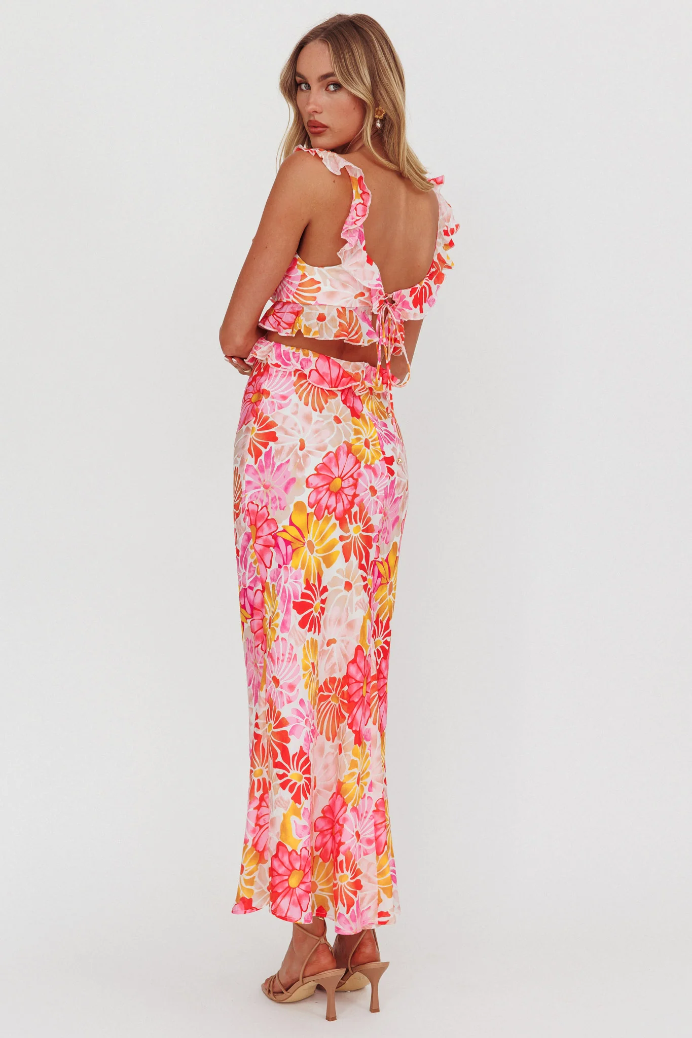 Second Chances Ruffle Trim Maxi Dress Flower Pink - Ruaus