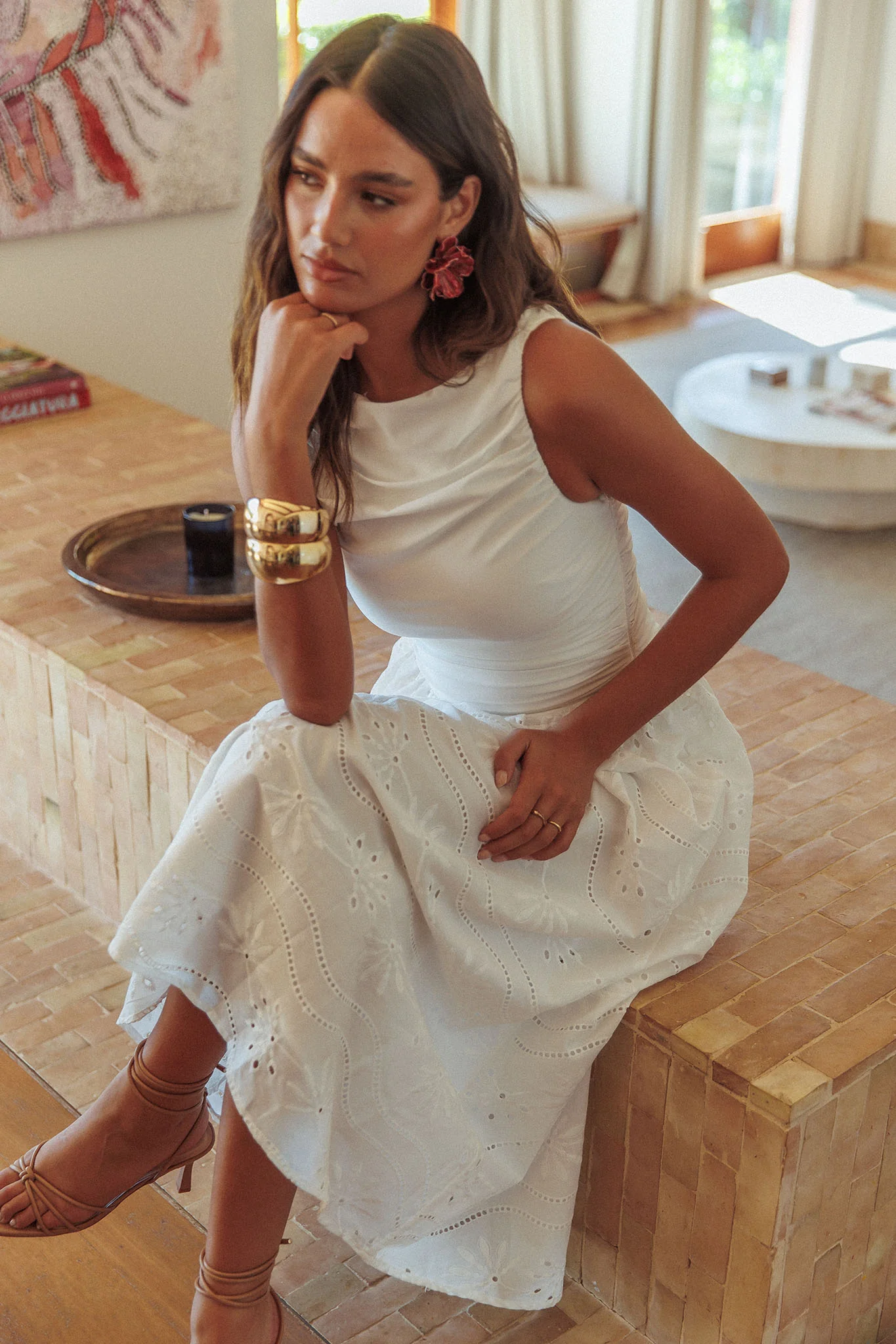 Dalayla Sleeveless Eyelet Maxi Dress White - Ruaus