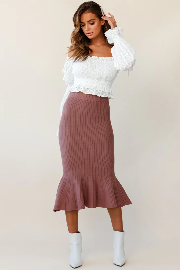 Shalon Ribbed Knit Fluted Hem Midi Skirt Antique Rose - Ruaus