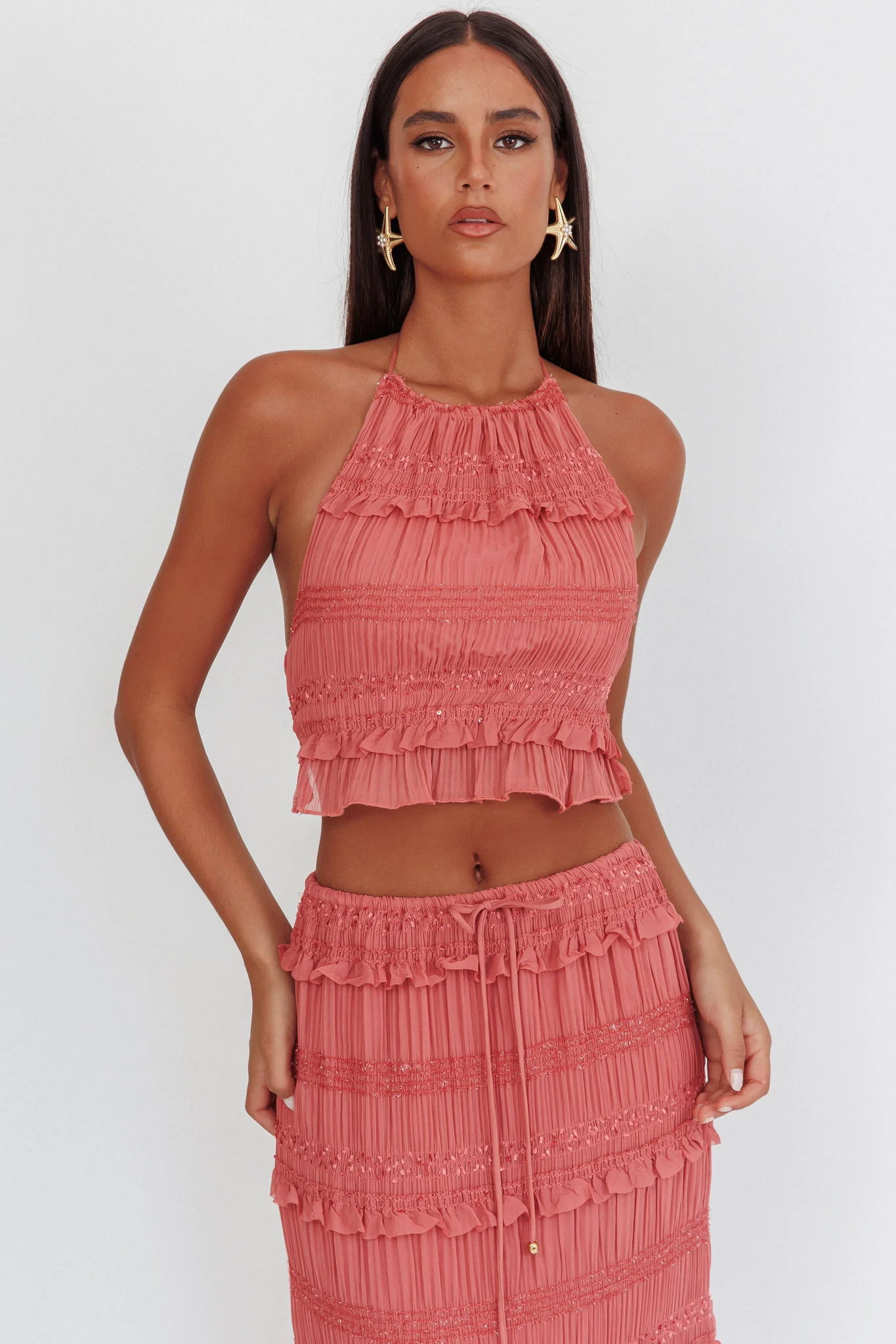 Helios Halterneck Shirred Sequin Top Rose - Ruaus