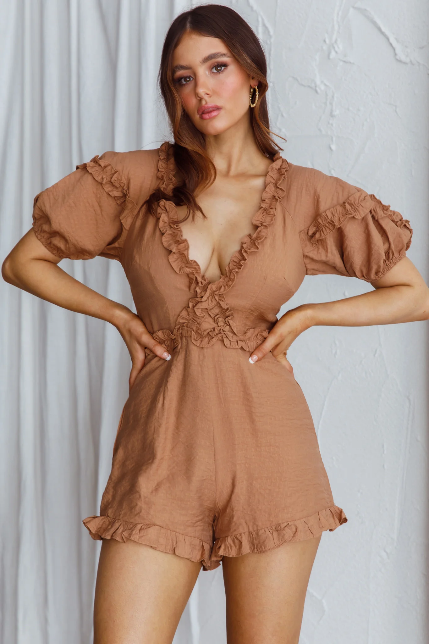 Galatia Frill Trim Puff Sleeve Romper Tan - Ruaus