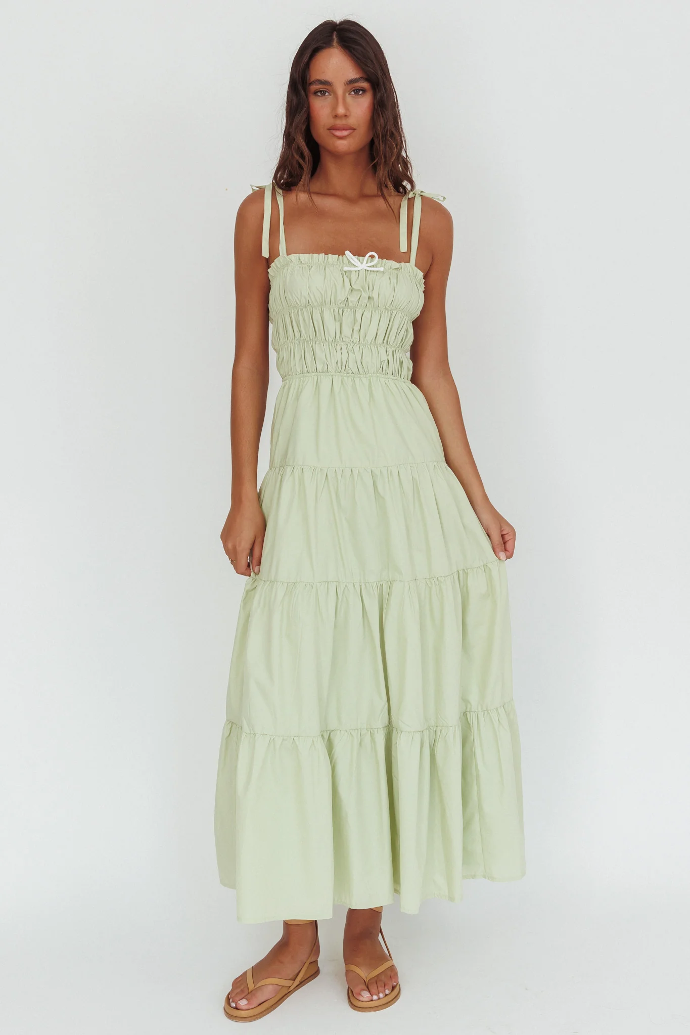 Anderson Tied Shoulder Smocked Bodice Maxi Dress Sage - Ruaus