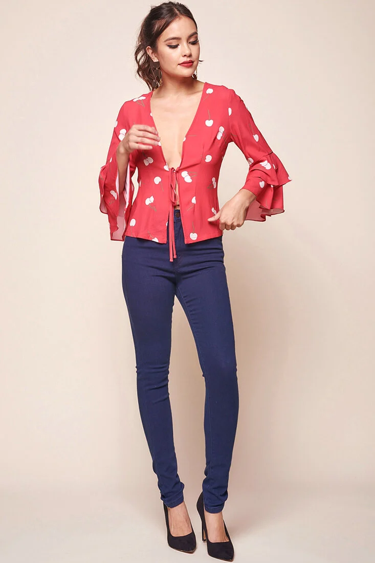 Robbi Cherry on Top Deep V Bell Sleeved Top Red - Ruaus