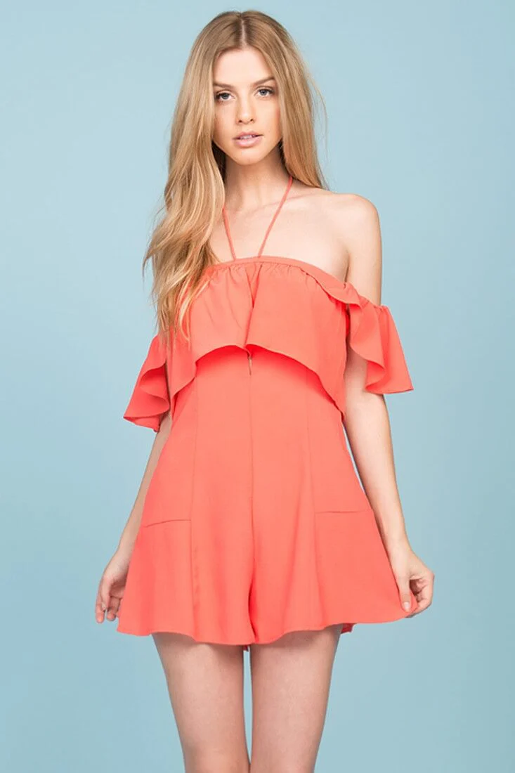Aliyah Off The Shoulder Ruffle Overlay Romper Coral - Ruaus