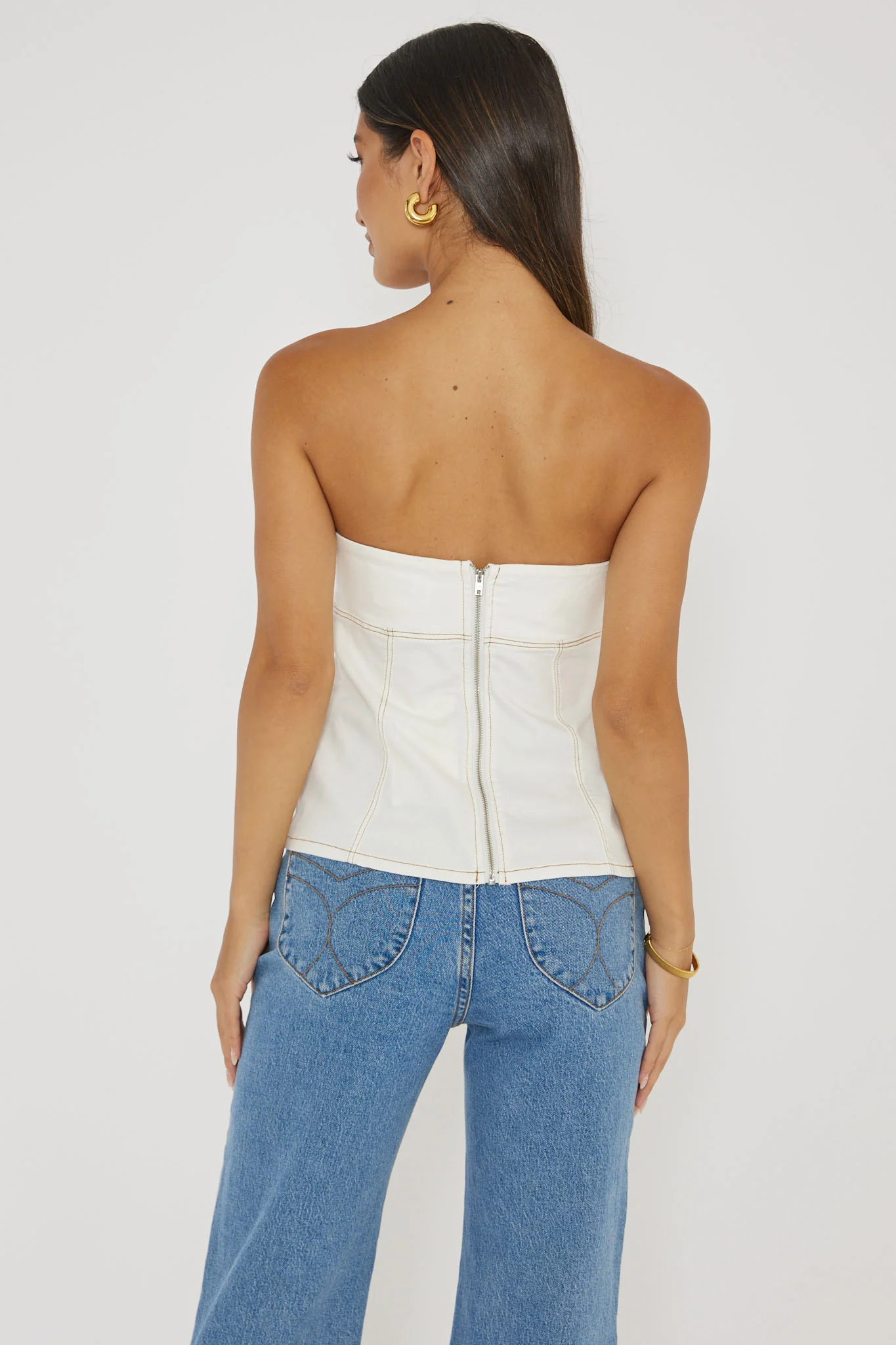 Cathlin Contrast Stitching Strapless Top White - Ruaus