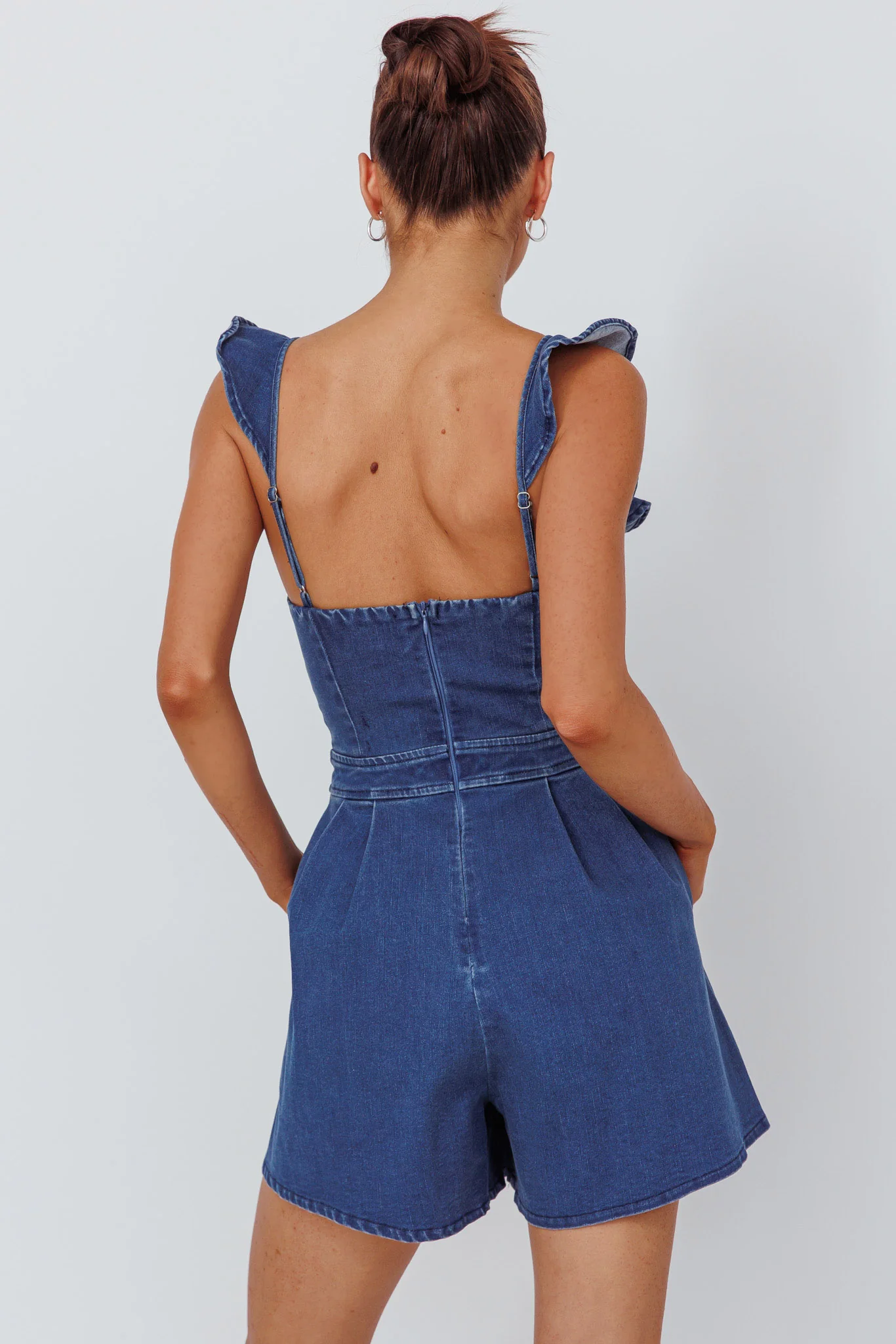 Nola Flared Ruffle Romper Light Denim - Ruaus