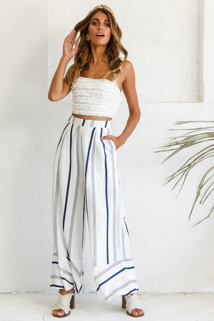 Hermosa Wide Leg Pocket Pants Stripe Print Navy - Ruaus