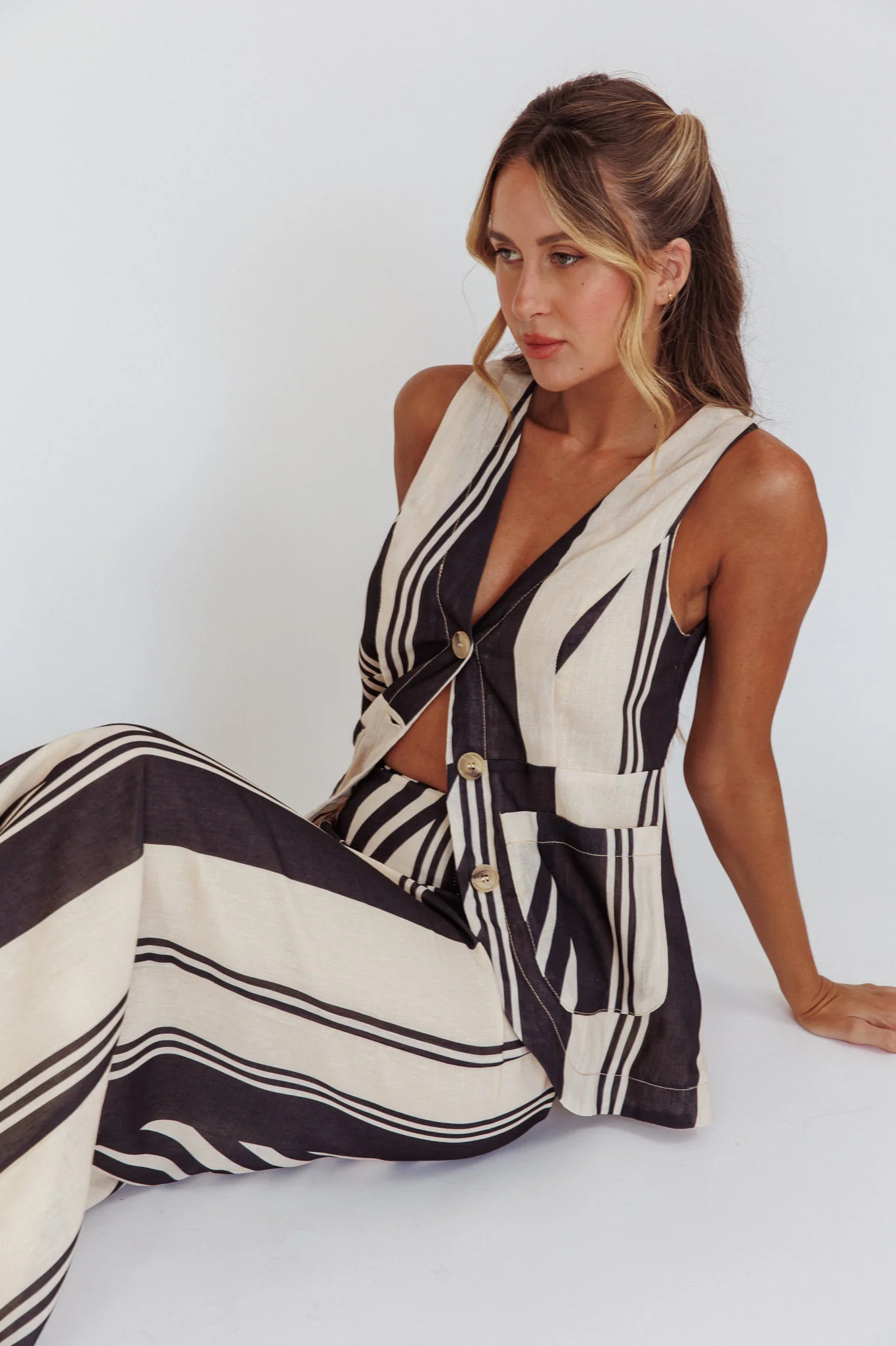 Philomena Button Pocket Vest Top Stripe Black - Ruaus