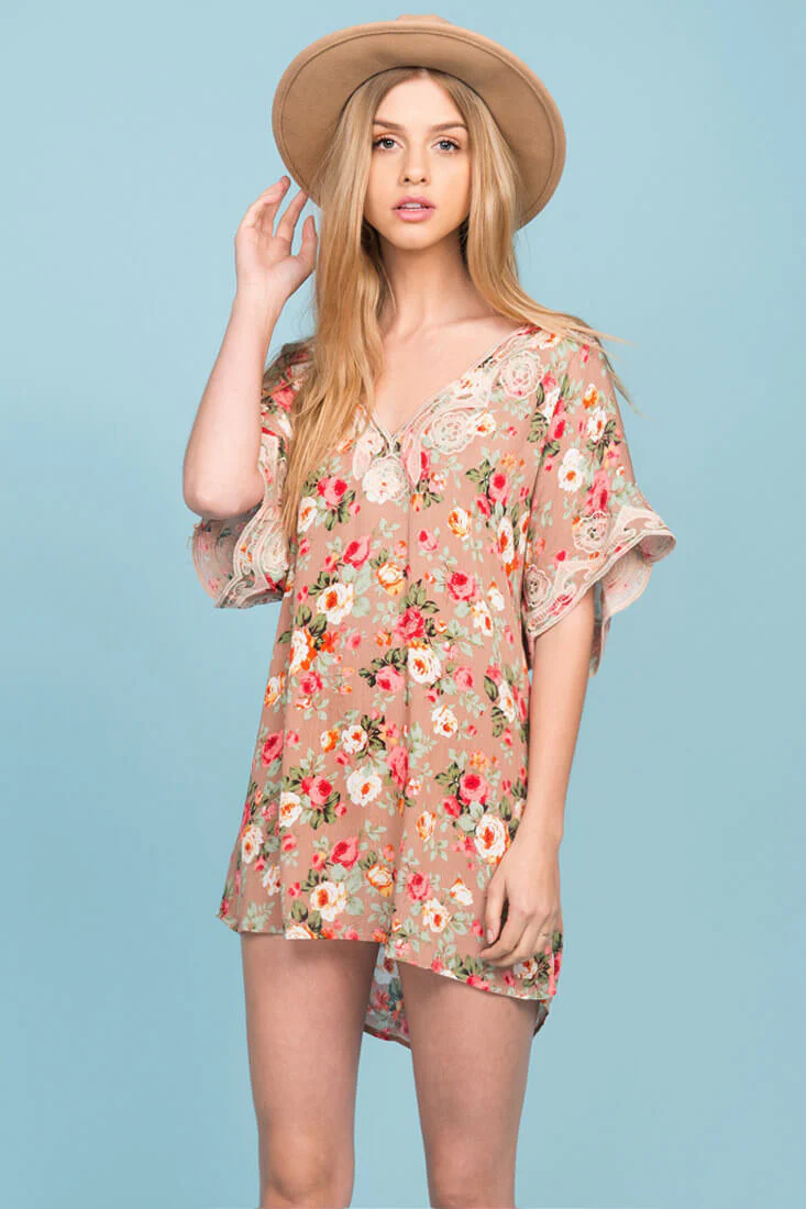 Brynn Floral Embroidered Tunic Dress Mocha - Ruaus