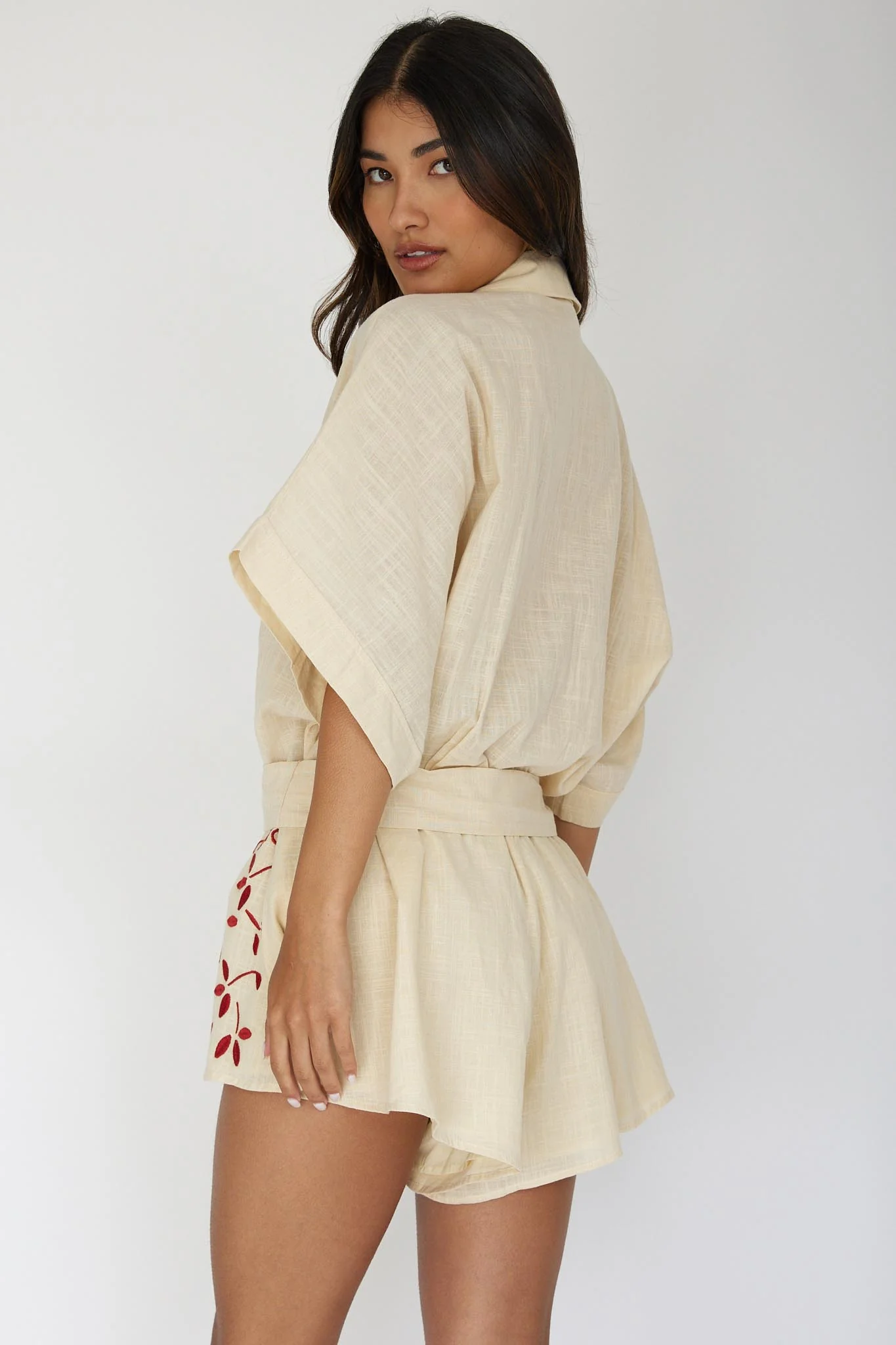 Daytona Beach Button-Up Romper Embroidered Oat - Ruaus