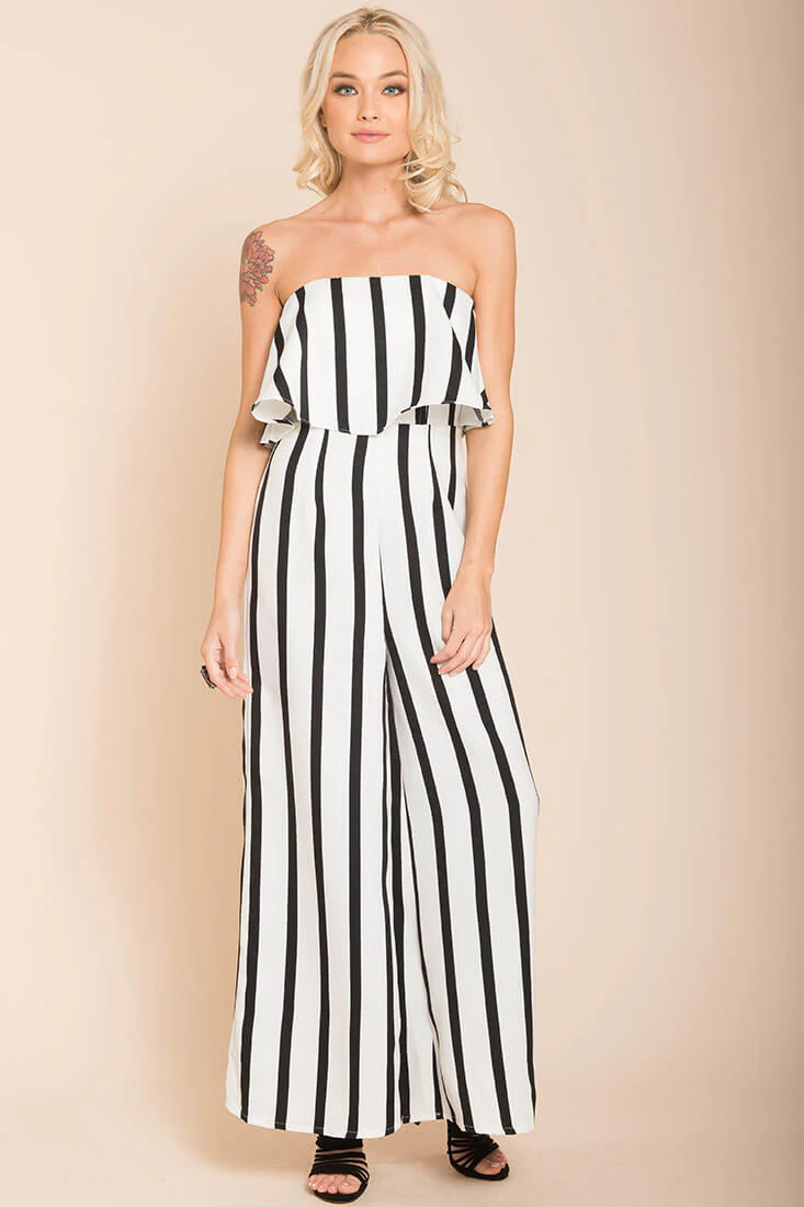 Posh Pin Stripe Ruffle Jumpsuit White - Ruaus