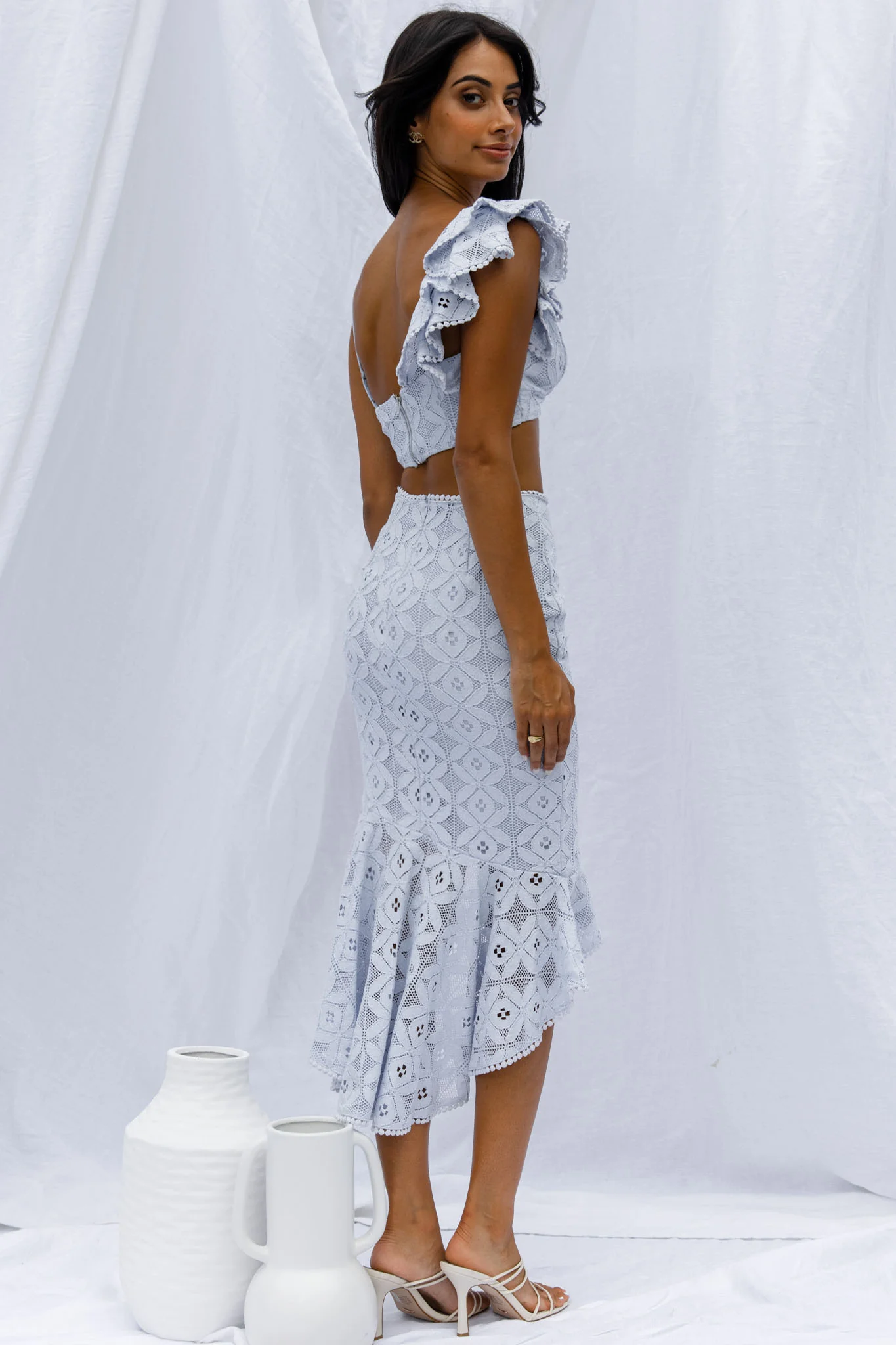 Talk About Me Asymmetrical Ruffle Hem Midi Skirt Steel Blue - Ruaus