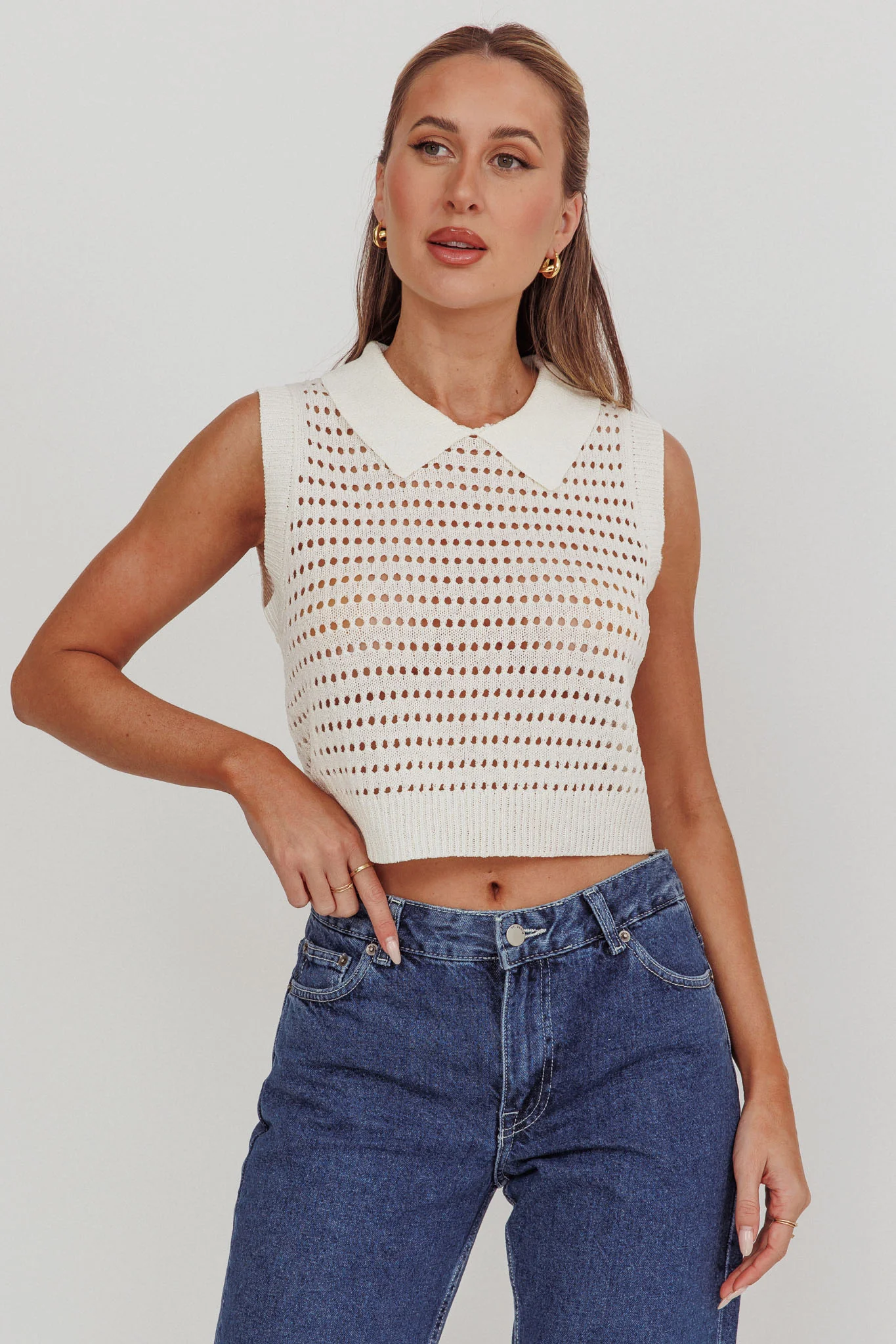 Daithi Collared Sleeveless Knit Top Ivory - Ruaus