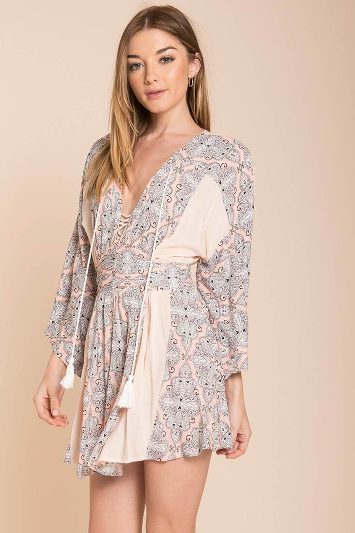 Brielle Bell Sleeve Summer Dress Peach Print - Ruaus