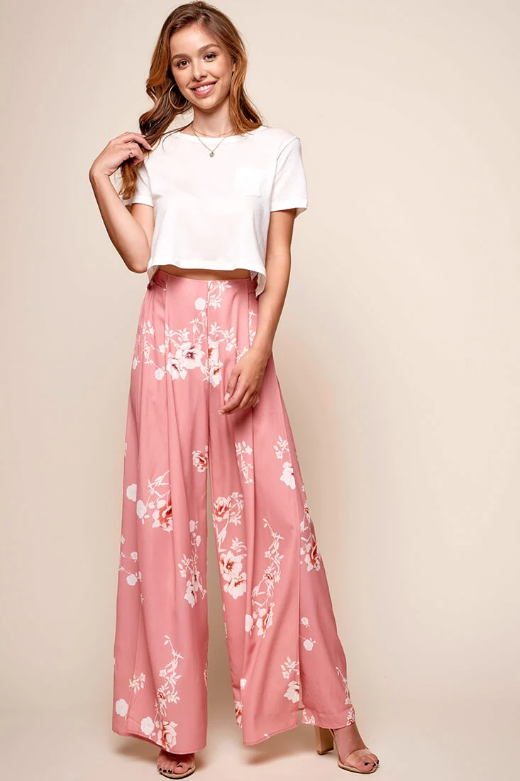 Kaya Wide Leg Floral Pants Blush - Ruaus