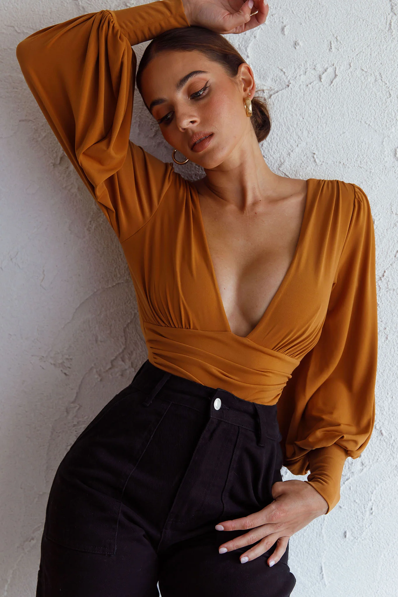 Sunsets In Tahiti Deep V-Neckline Lantern Sleeve Bodysuit Tan - Ruaus