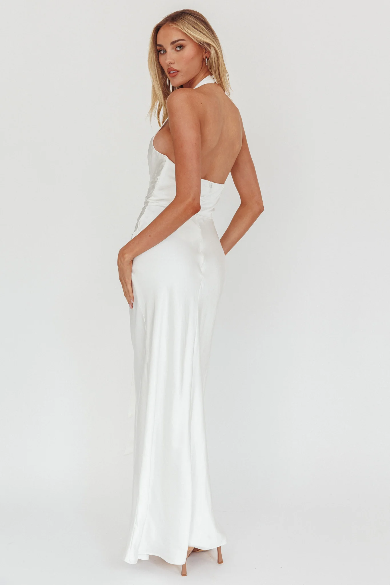 Make Believe Plunging Halterneck Maxi Dress Oyster - Ruaus