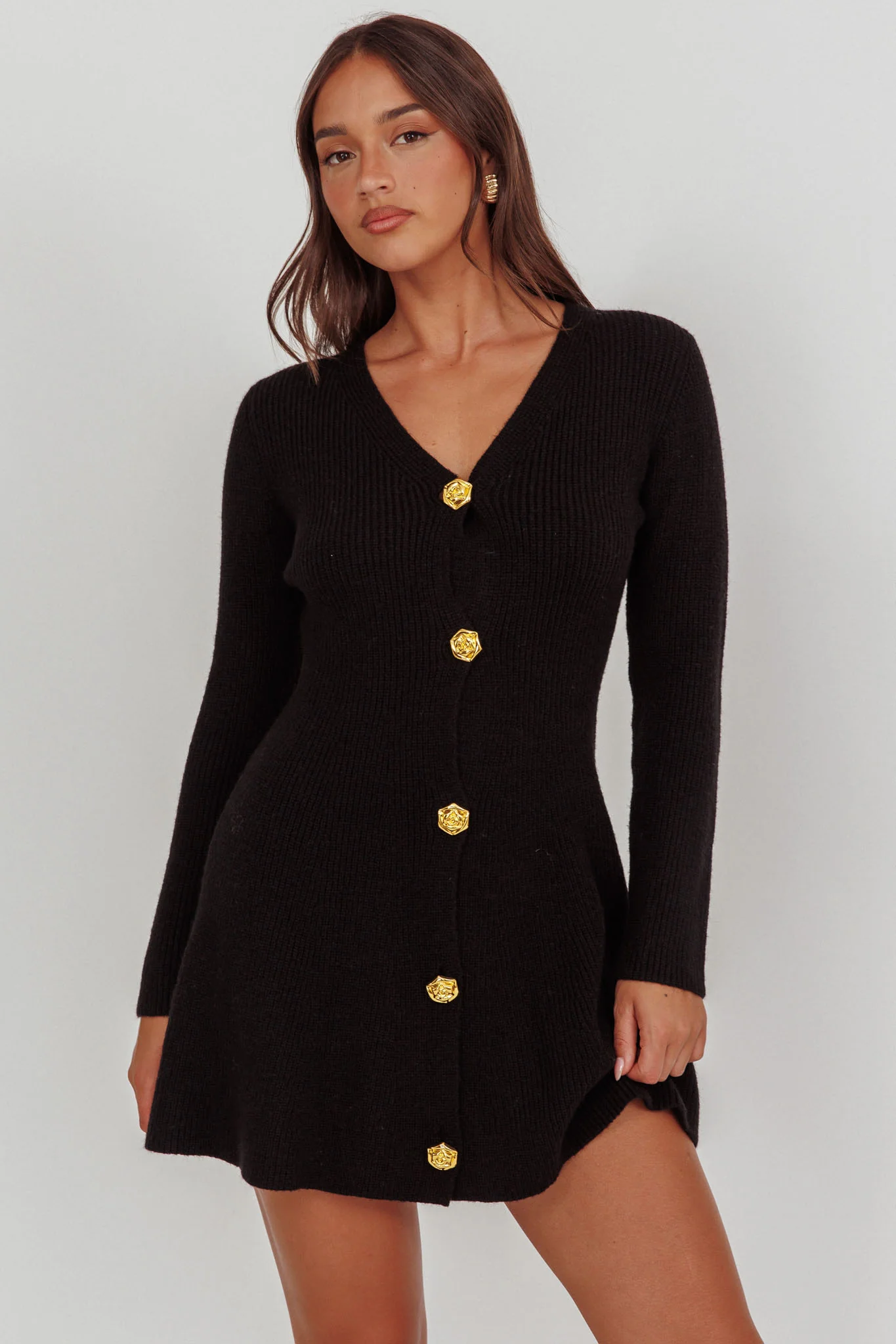 Irma Gold Button Knit Mini Dress Black - Ruaus