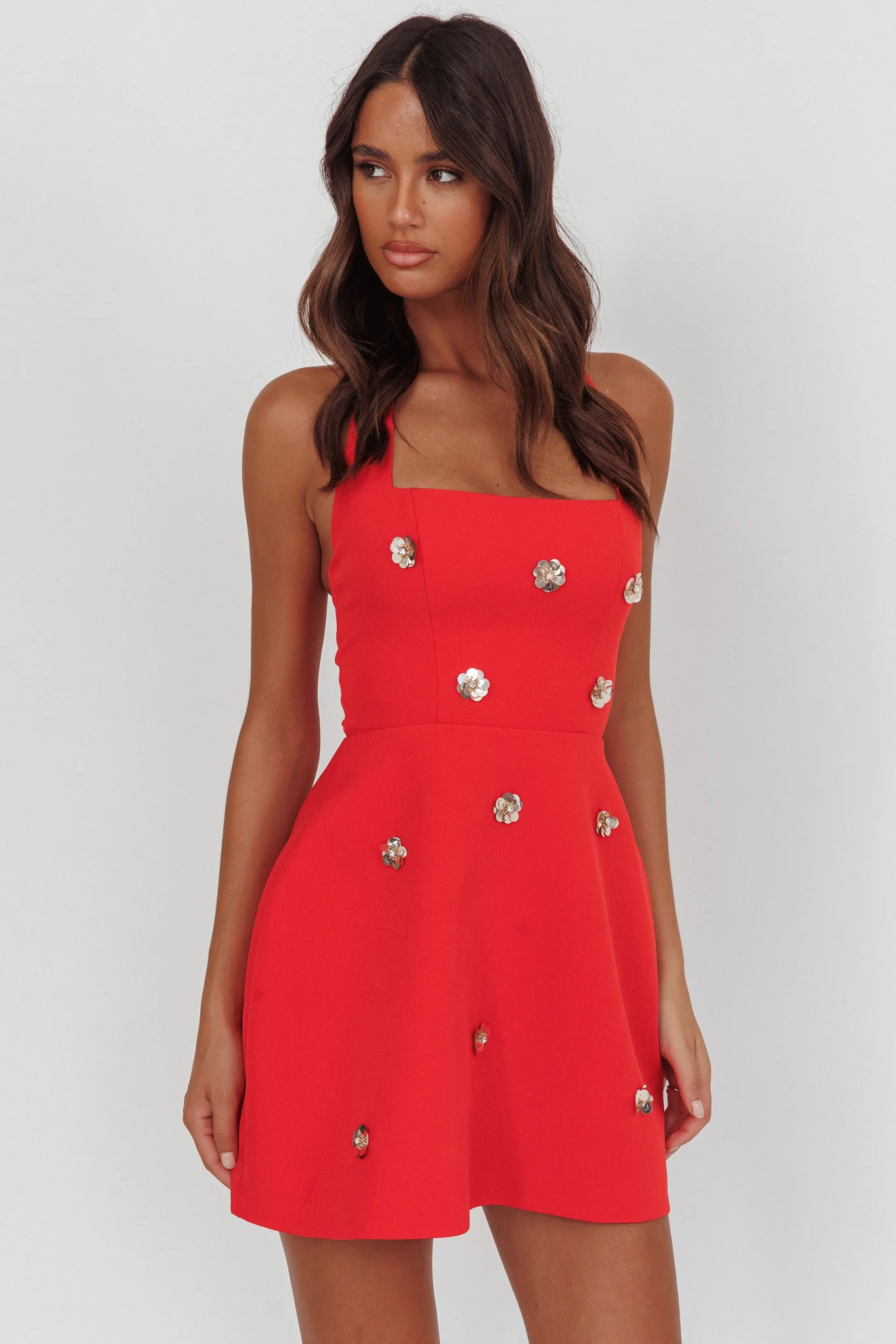 Hendrix Halterneck A-Line Mini Dress Sequin Flower Red - Ruaus