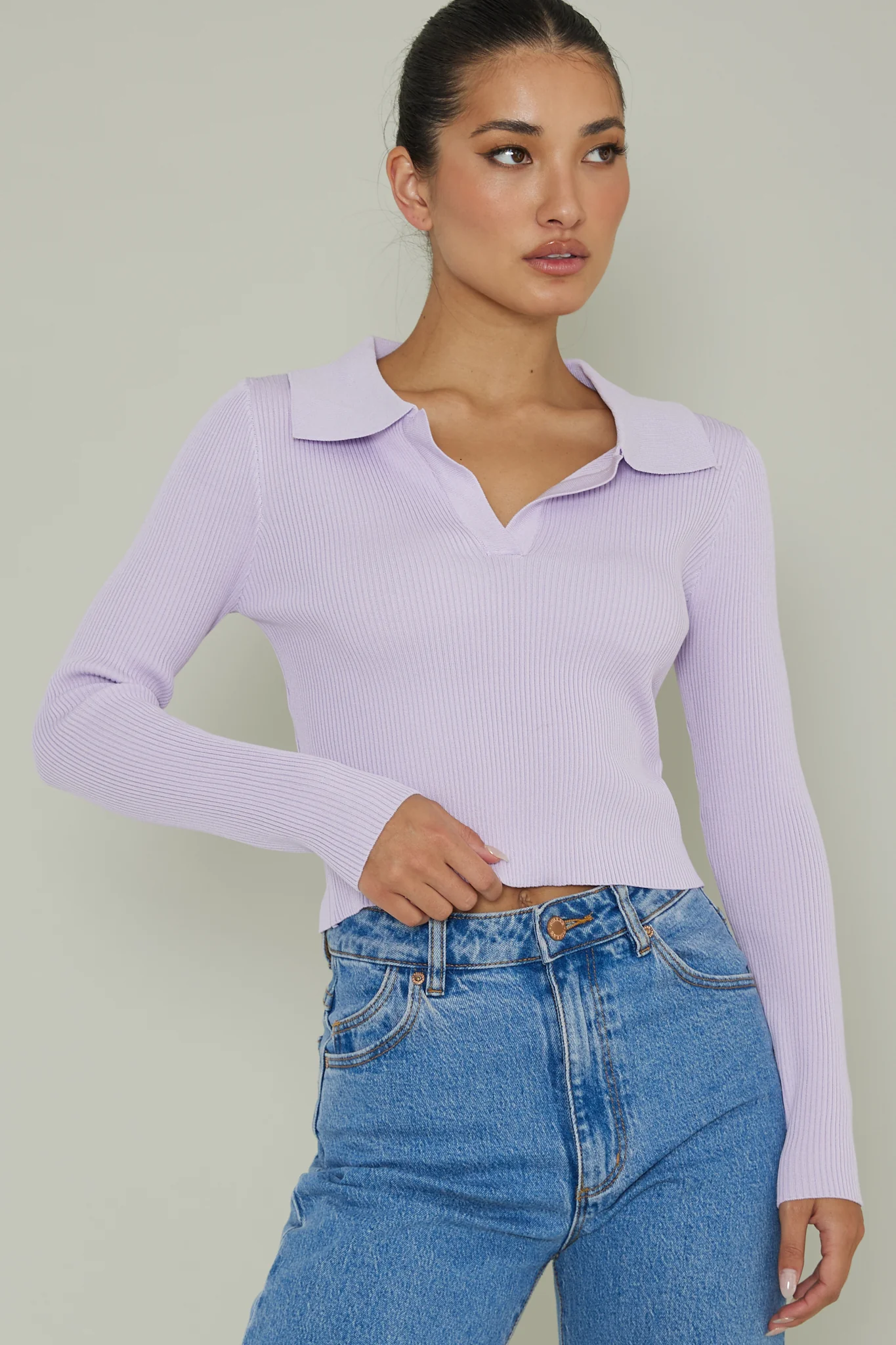 Lake Days Collared Knit Top Lilac - Ruaus