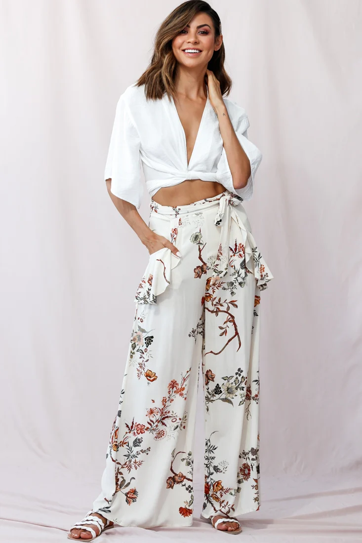 Amanda Wide-Leg Frill Detail Pants Floral Print Beige - Ruaus