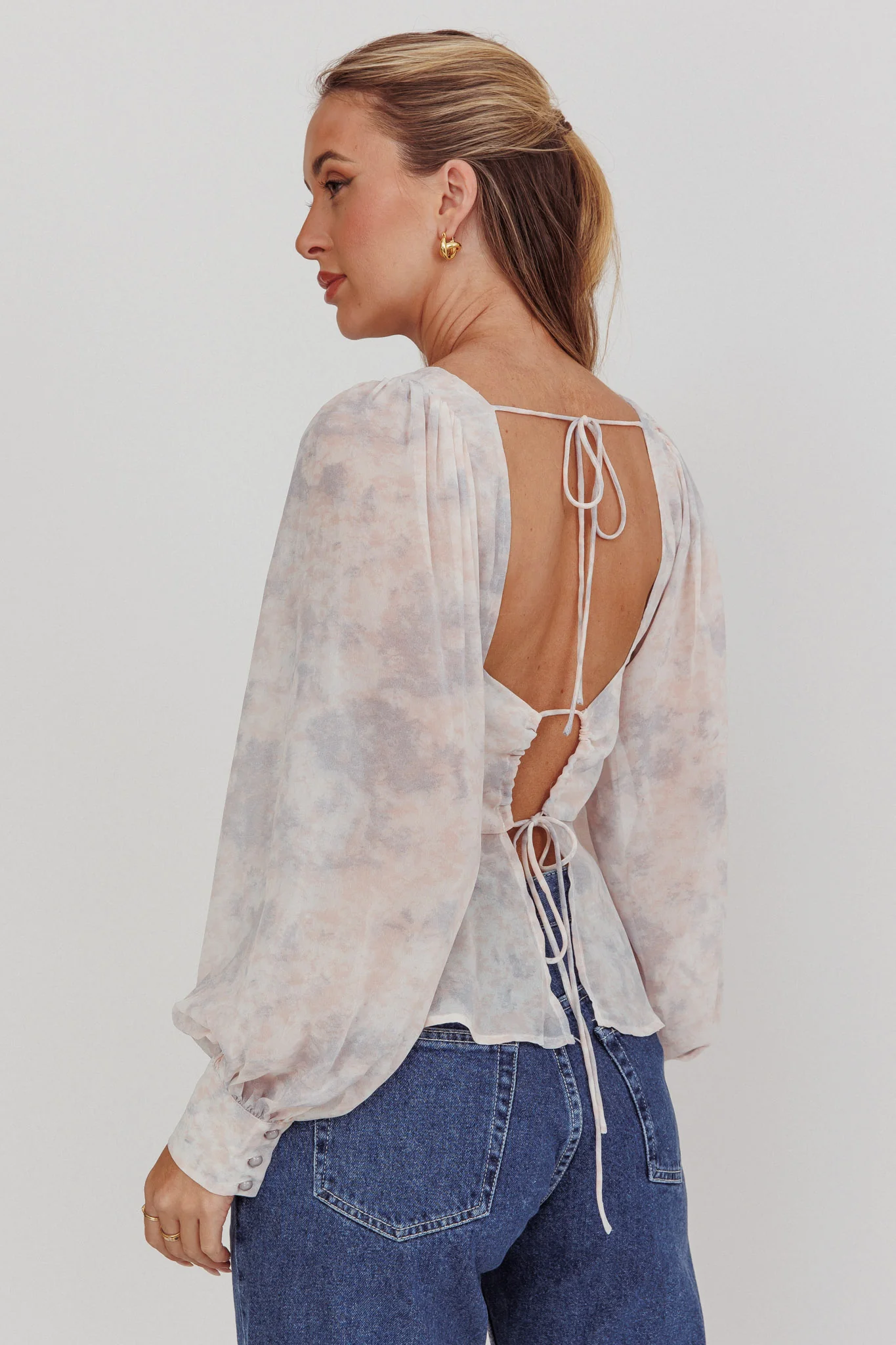 Helix Balloon Sleeves Peplum Top Dusty Blue/Peach - Ruaus