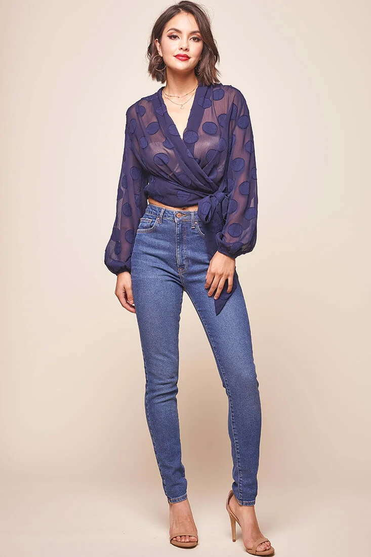 After Hours Sheer Wrap Blouse Navy - Ruaus