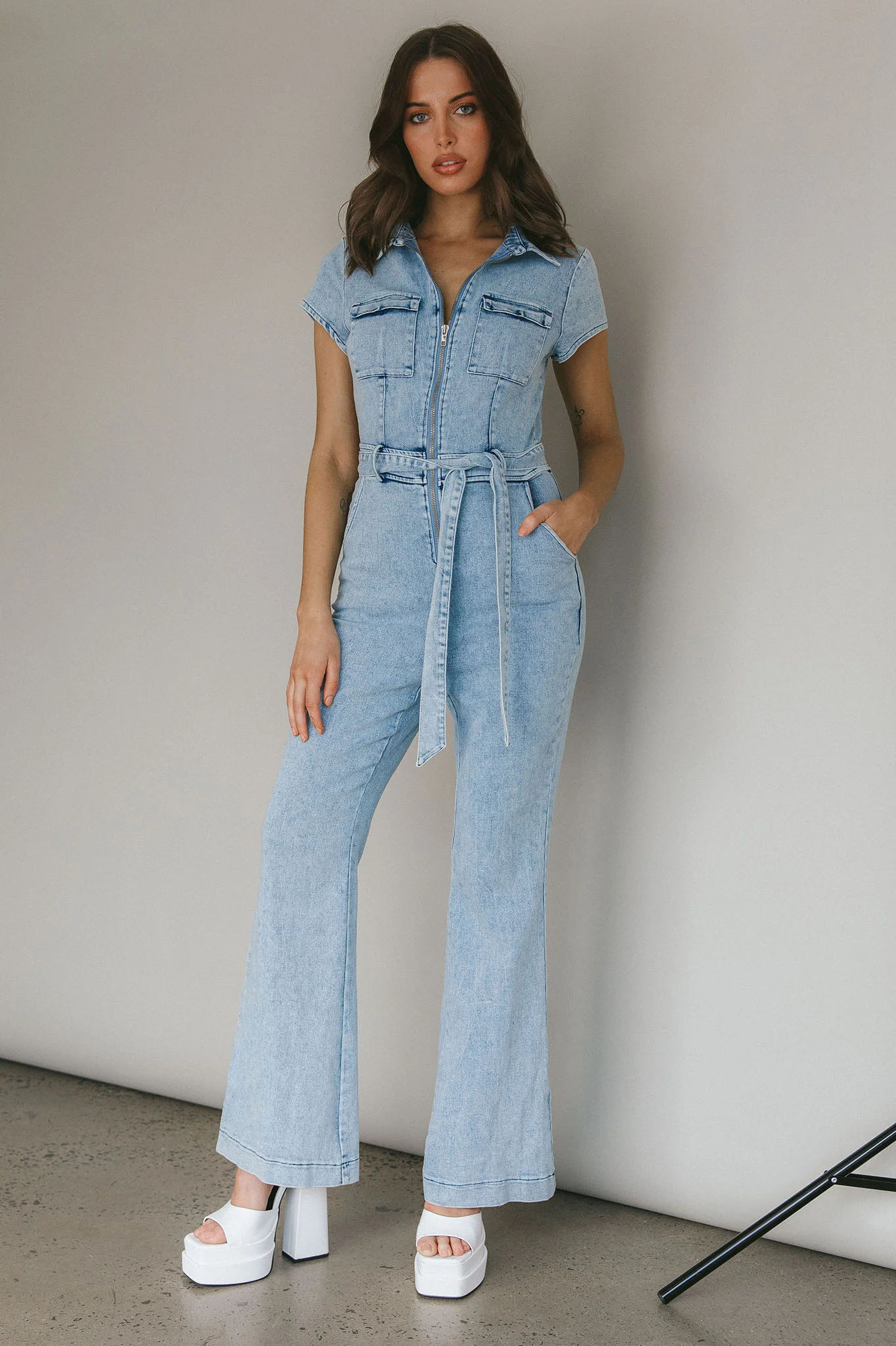 California Girl Short Sleeve Waist Tie Jumpsuit Denim Blue - Ruaus